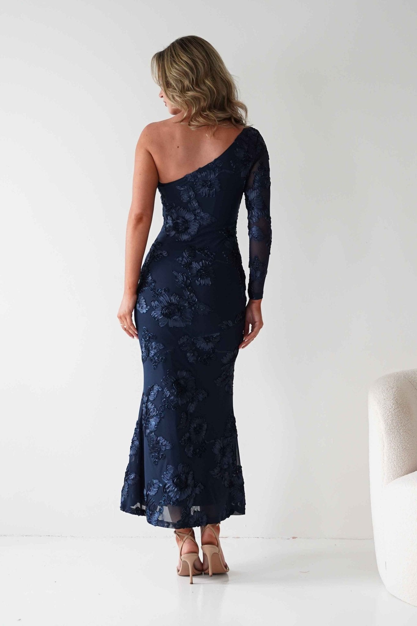 Saphira One Sleeve Maxi Dress | Navy Textured | Oh Hello Clothing | XS(6)