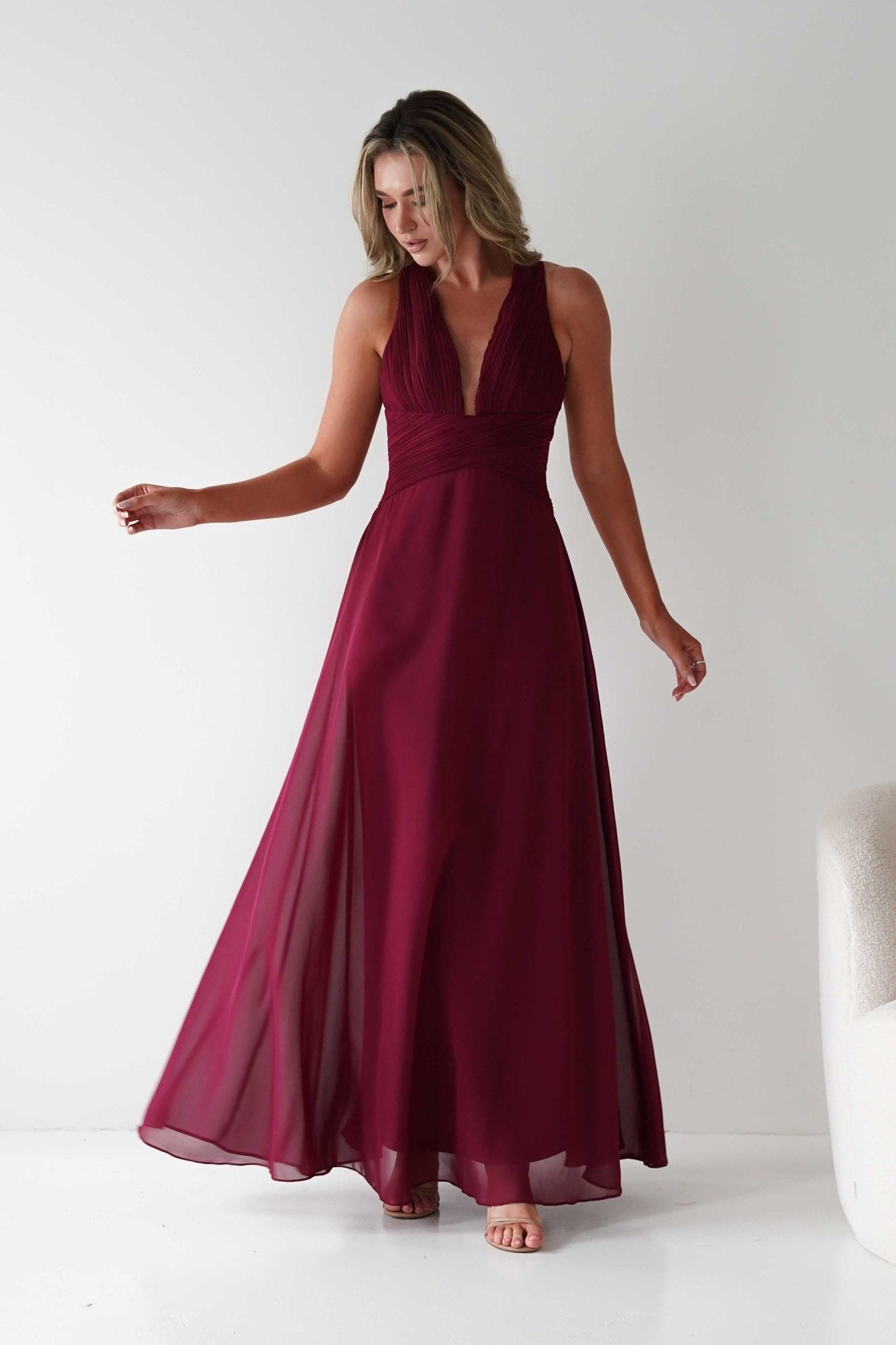Sara A - Line Chiffon Maxi Dress | Burgundy | Oh Hello Clothing | S (8)