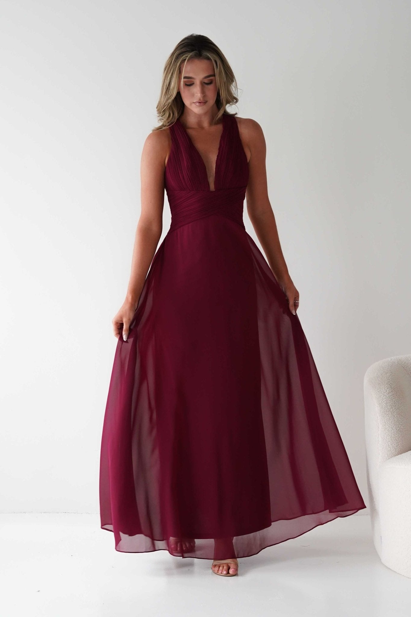 Sara A - Line Chiffon Maxi Dress | Burgundy | Oh Hello Clothing | S (8)