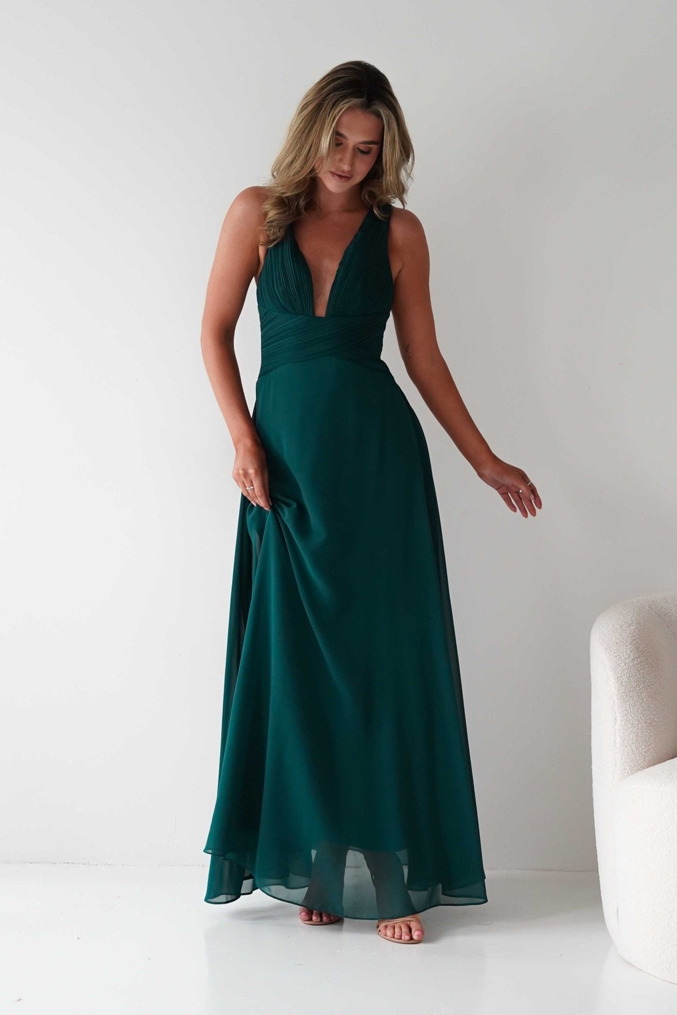 Sara A - Line Chiffon Maxi Dress | Emerald Green | Oh Hello Clothing | S (8)