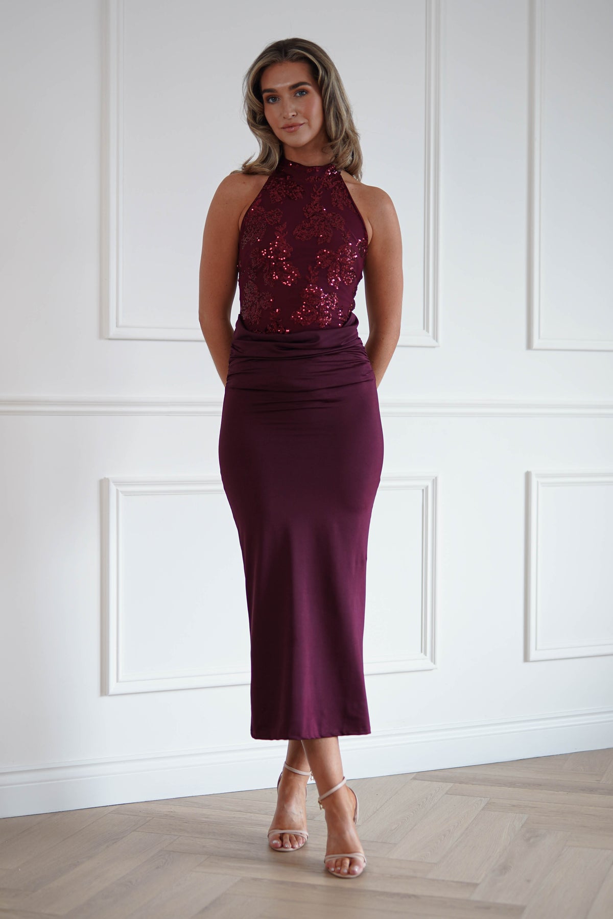 Oh Hello Clothing Women > Clothing > Dresses Seraphina Sequin Halterneck Maxi Dress | Wine