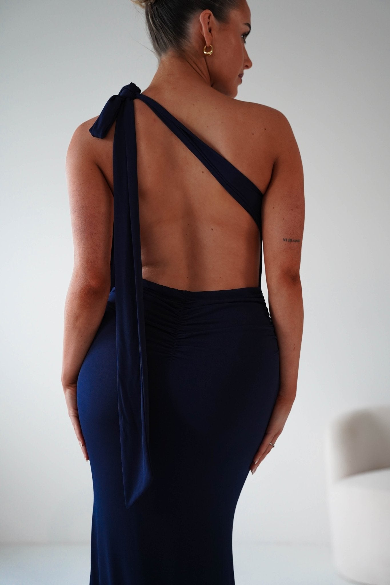 Oh Hello Clothing Wedding Guest Dresses Seraphine Backless Tie Bodycon Maxi Gown | Navy