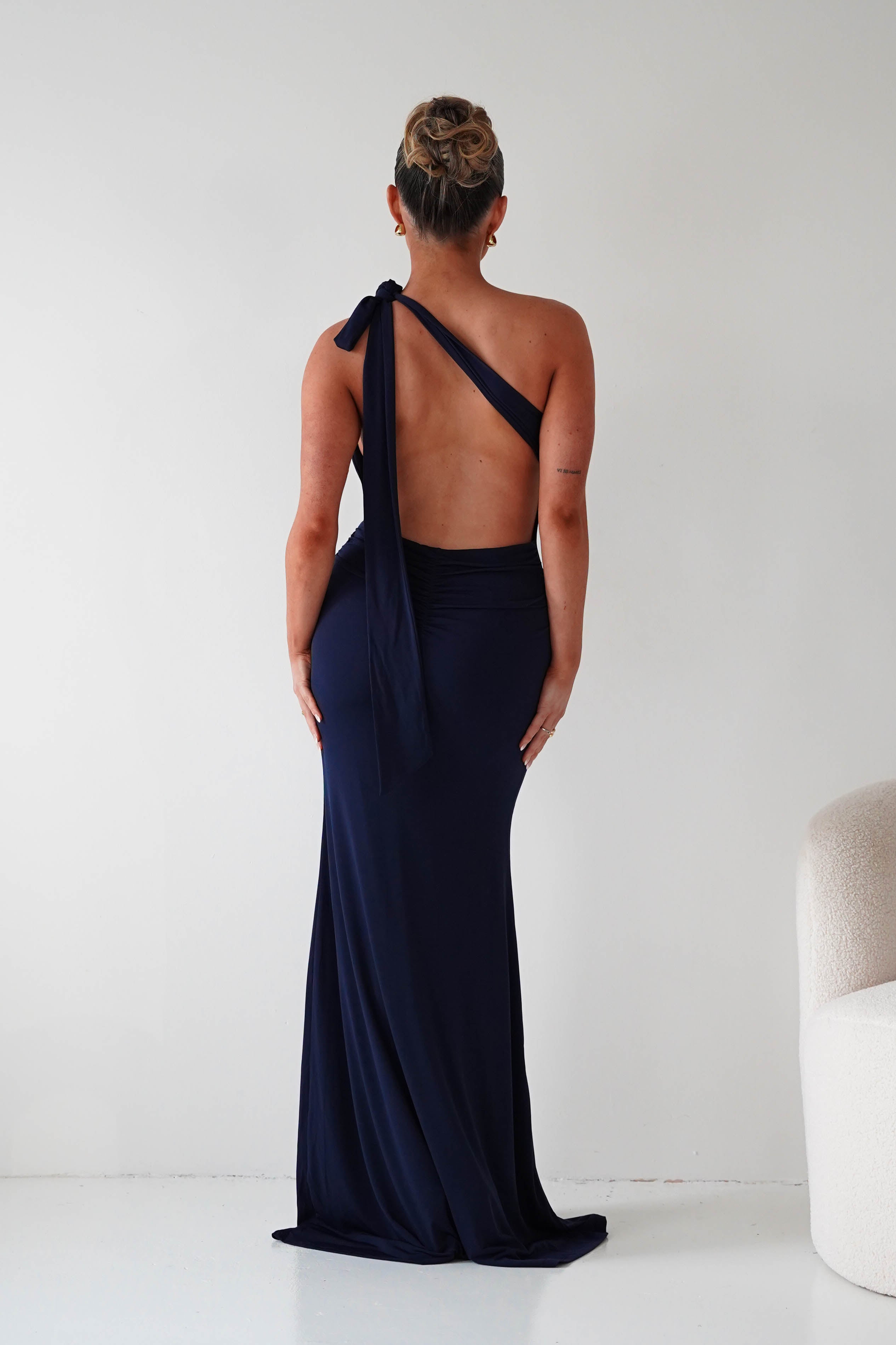 Oh Hello Clothing Wedding Guest Dresses Seraphine Backless Tie Bodycon Maxi Gown | Navy