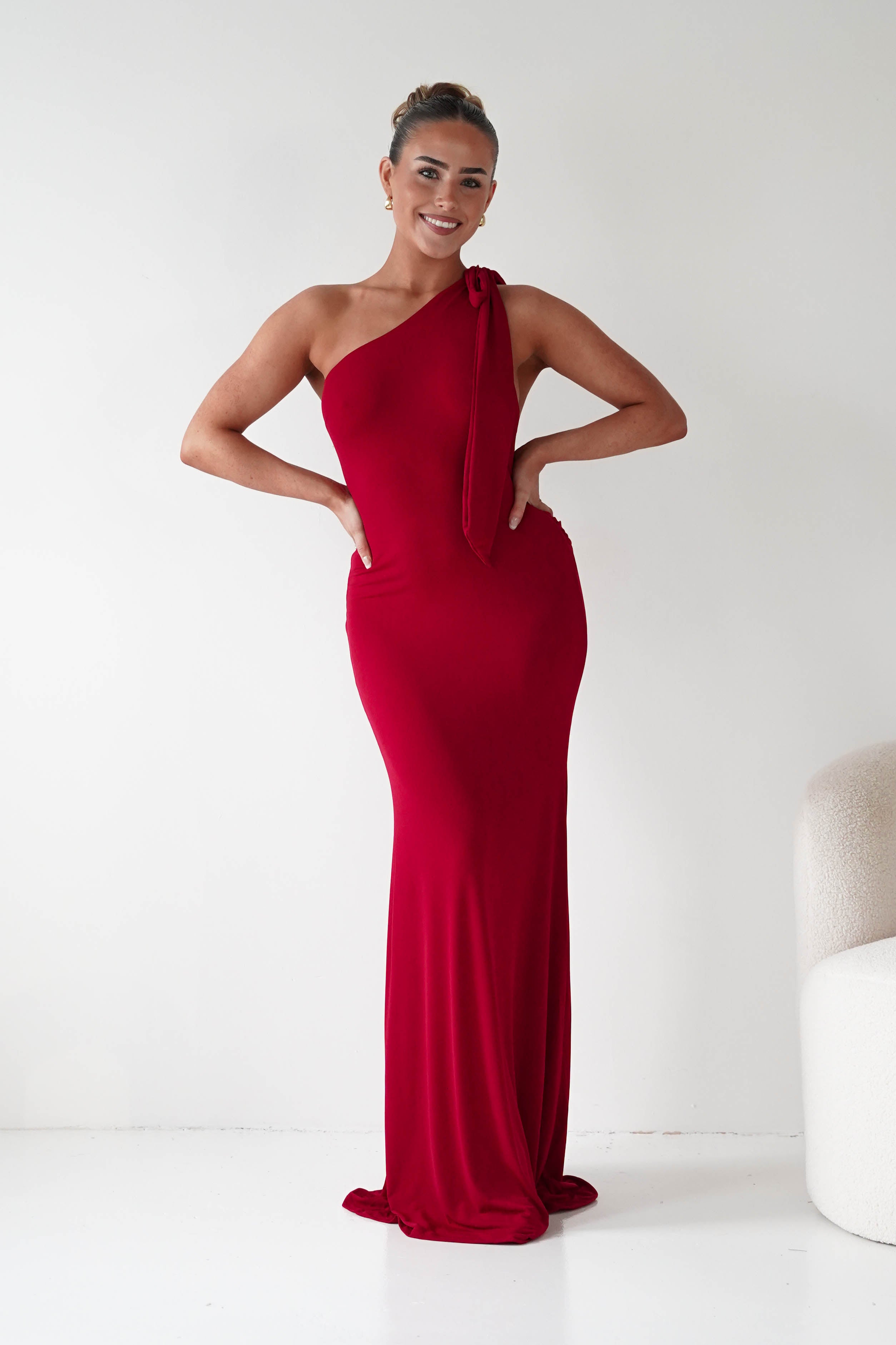 Oh Hello Clothing Wedding Guest Dresses Seraphine Backless Tie Bodycon Maxi Gown | Red
