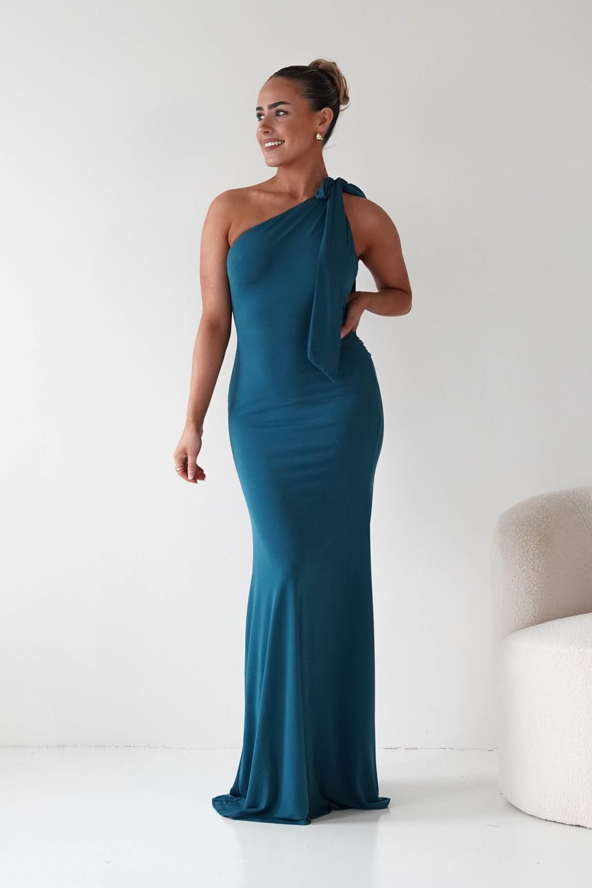 bodycon formal maxi dress Seraphine Backless Tie Gown | Teal off the shoulder straps stretch polyester and spandex David's Bridal | Dresses Size:50 Regular Jacket