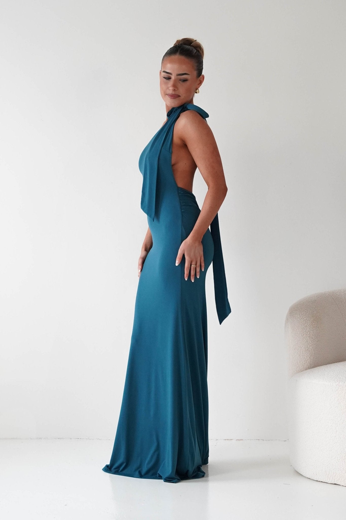 Oh Hello Clothing Debs & Prom Dresses Seraphine Backless Tie Bodycon Maxi Gown | Teal