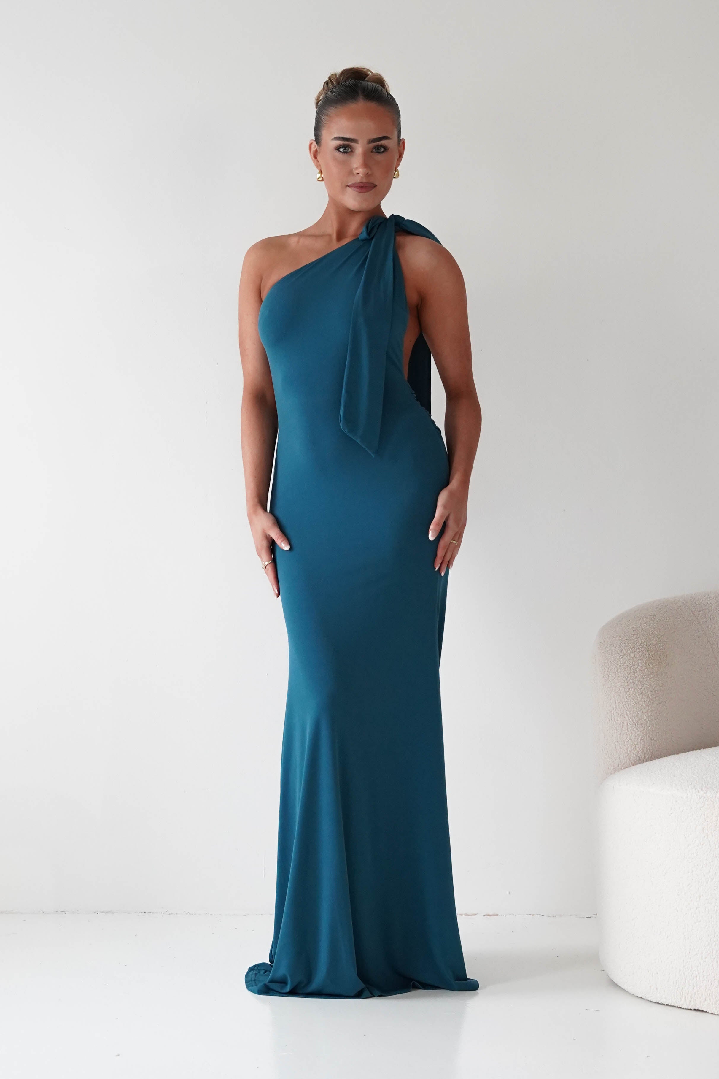 Oh Hello Clothing Debs & Prom Dresses Seraphine Backless Tie Bodycon Maxi Gown | Teal
