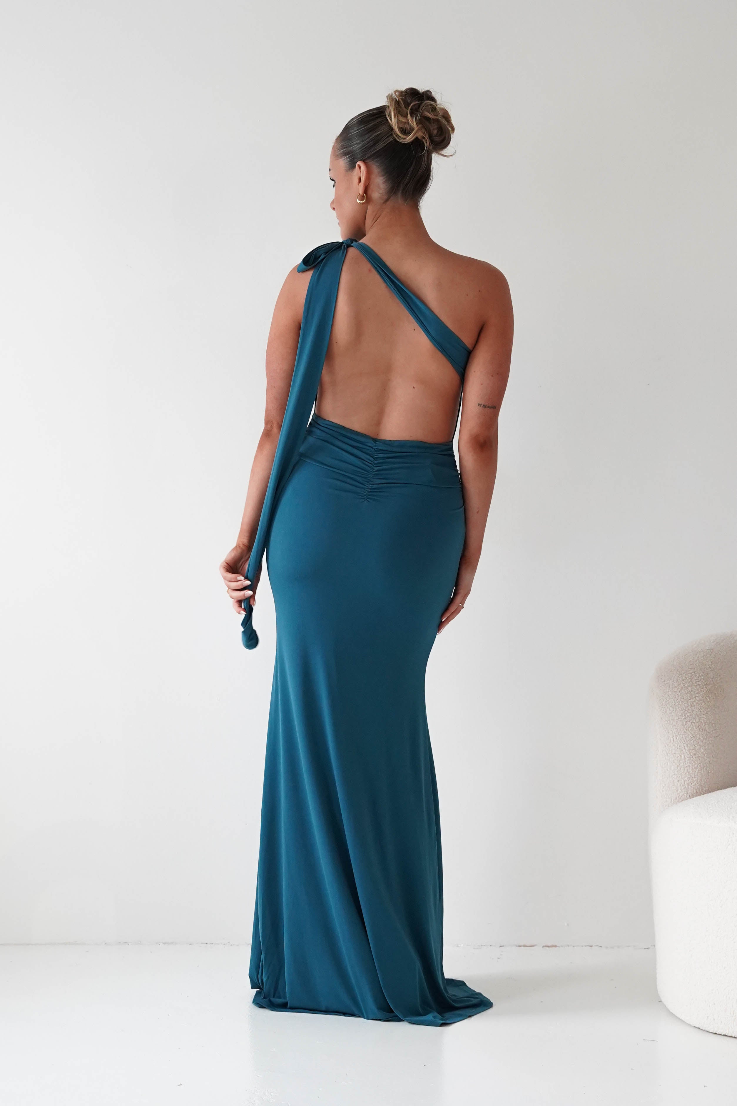 Oh Hello Clothing Debs & Prom Dresses Seraphine Backless Tie Bodycon Maxi Gown | Teal
