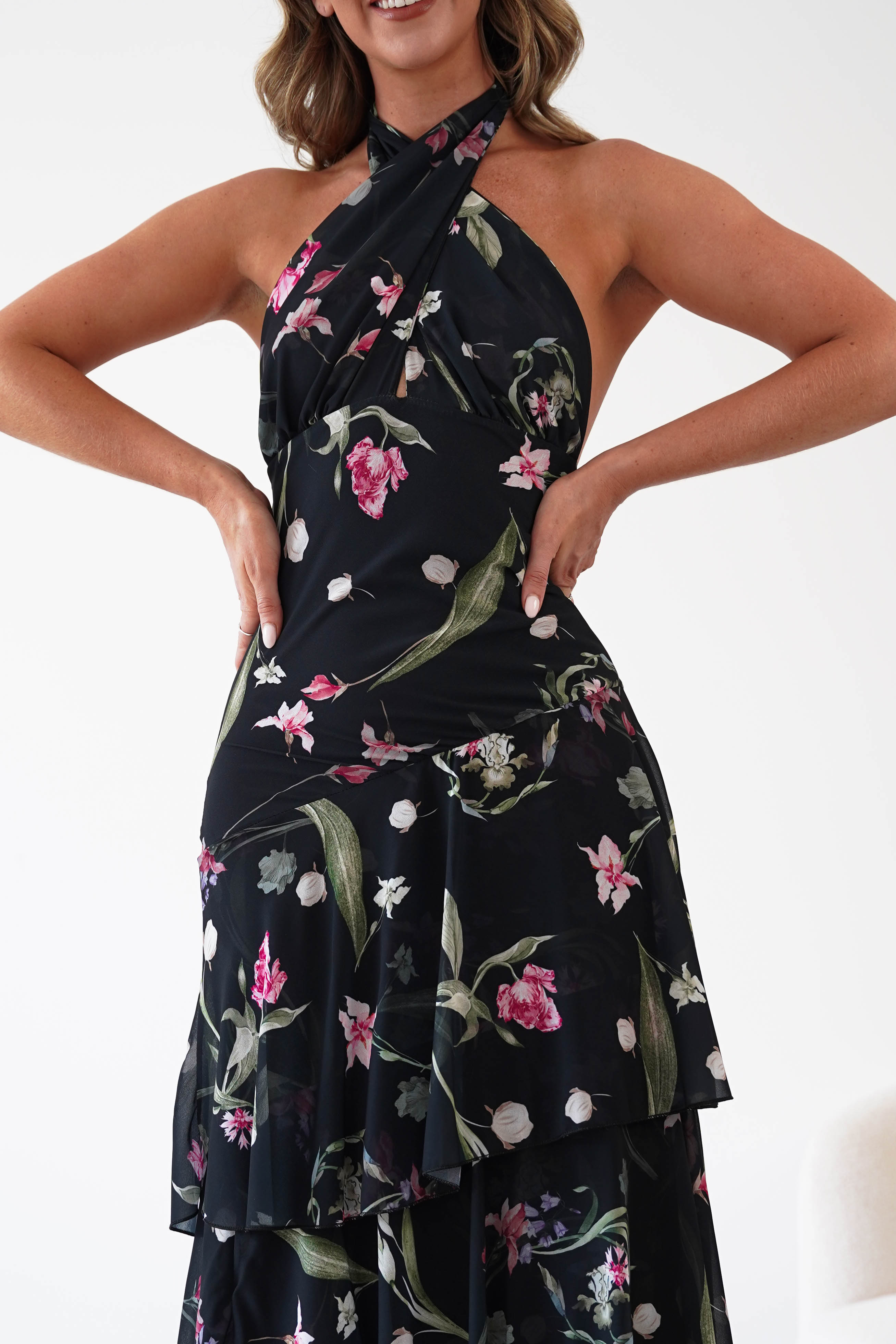 Oh Hello Clothing Women > Clothing > Dresses Seren Floral Print Halterneck Maxi Dress | Black
