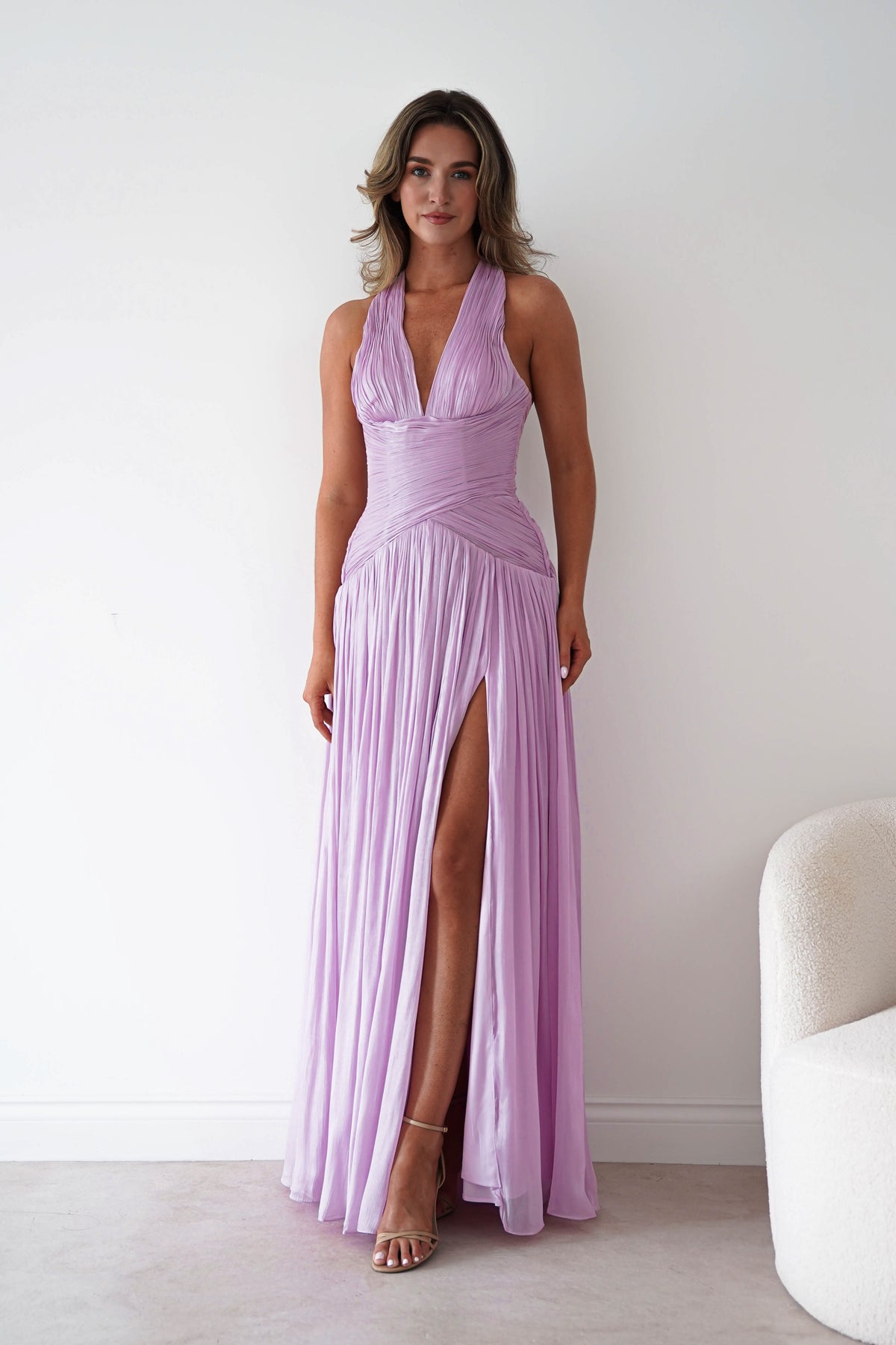 Oh Hello Clothing Dresses > Prom Dresses Sharelle Pleated Luminescent Maxi Gown | Light Purple