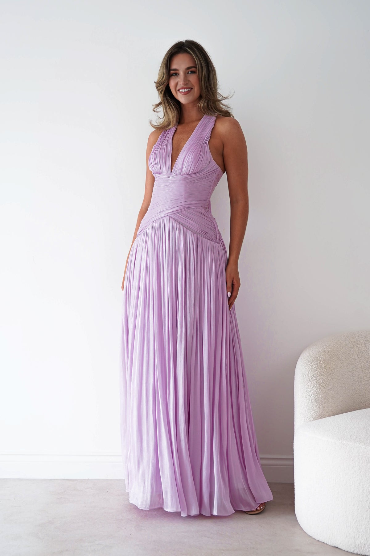Oh Hello Clothing Dresses > Prom Dresses Sharelle Pleated Luminescent Maxi Gown | Light Purple