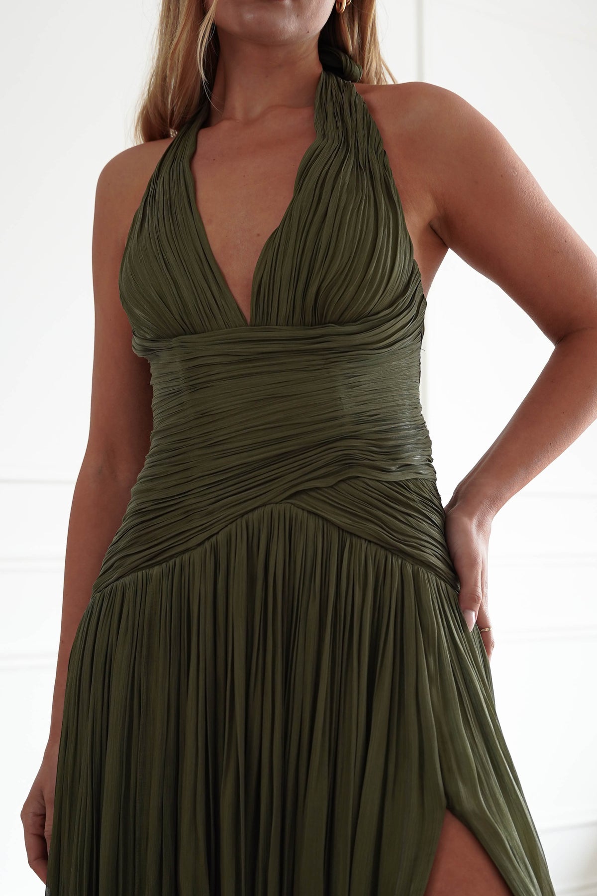 Oh Hello Clothing Dresses > Prom Dresses Sharelle Pleated Luminescent Maxi Gown | Olive