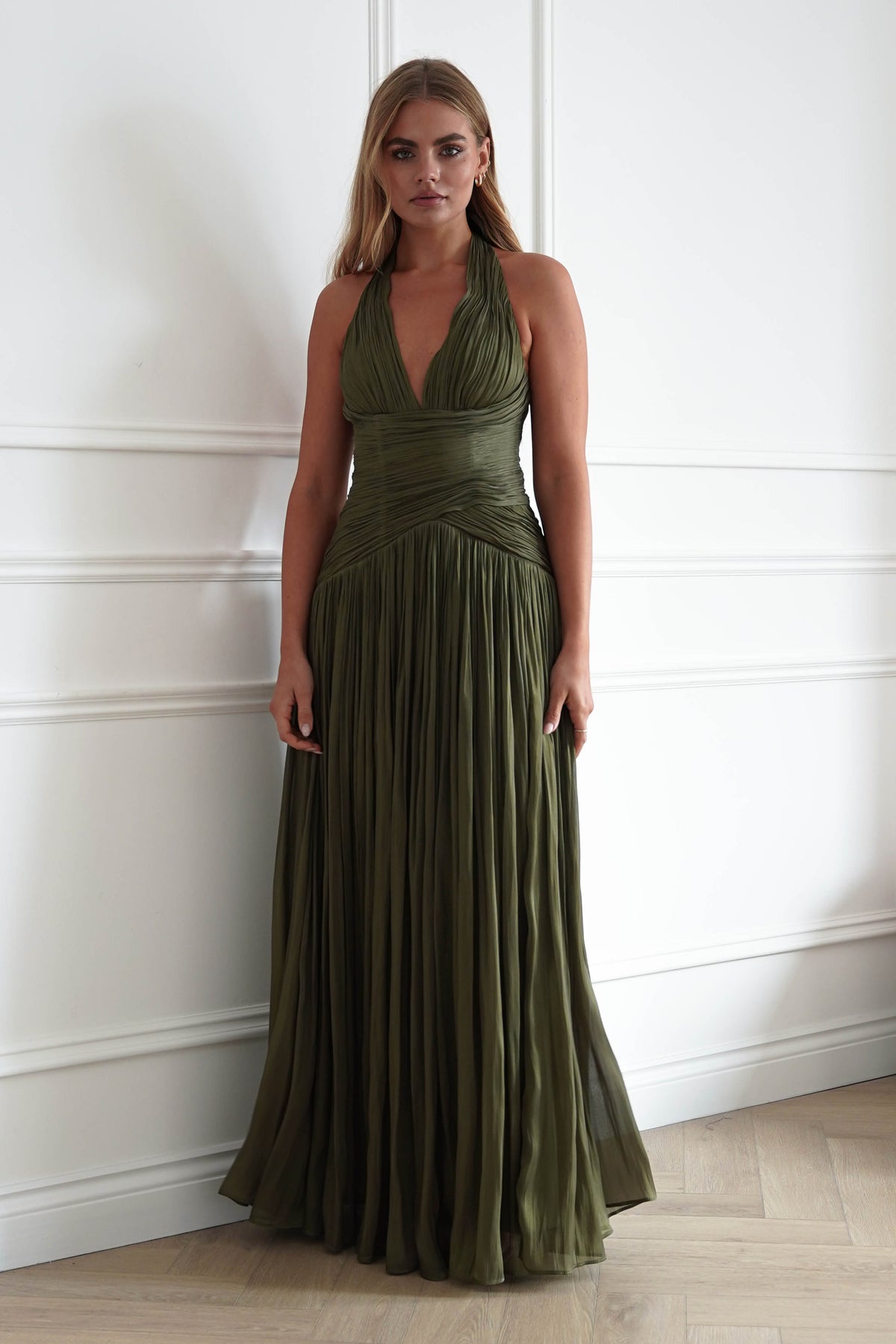 Oh Hello Clothing Dresses > Prom Dresses Sharelle Pleated Luminescent Maxi Gown | Olive