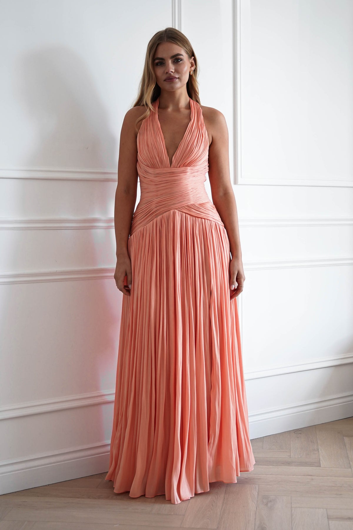Oh Hello Clothing Dresses > Prom Dresses Sharelle Pleated Luminescent Maxi Gown | Peach
