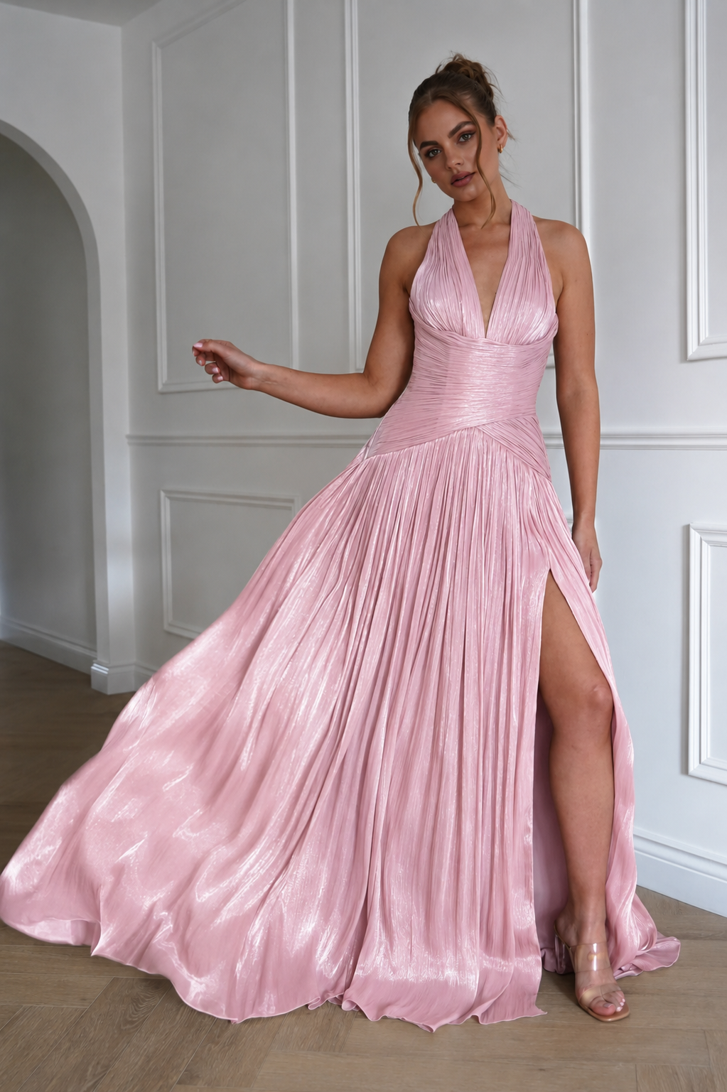 Oh Hello Clothing Dresses > Prom Dresses Sharelle Pleated Luminescent Maxi Gown | Pink