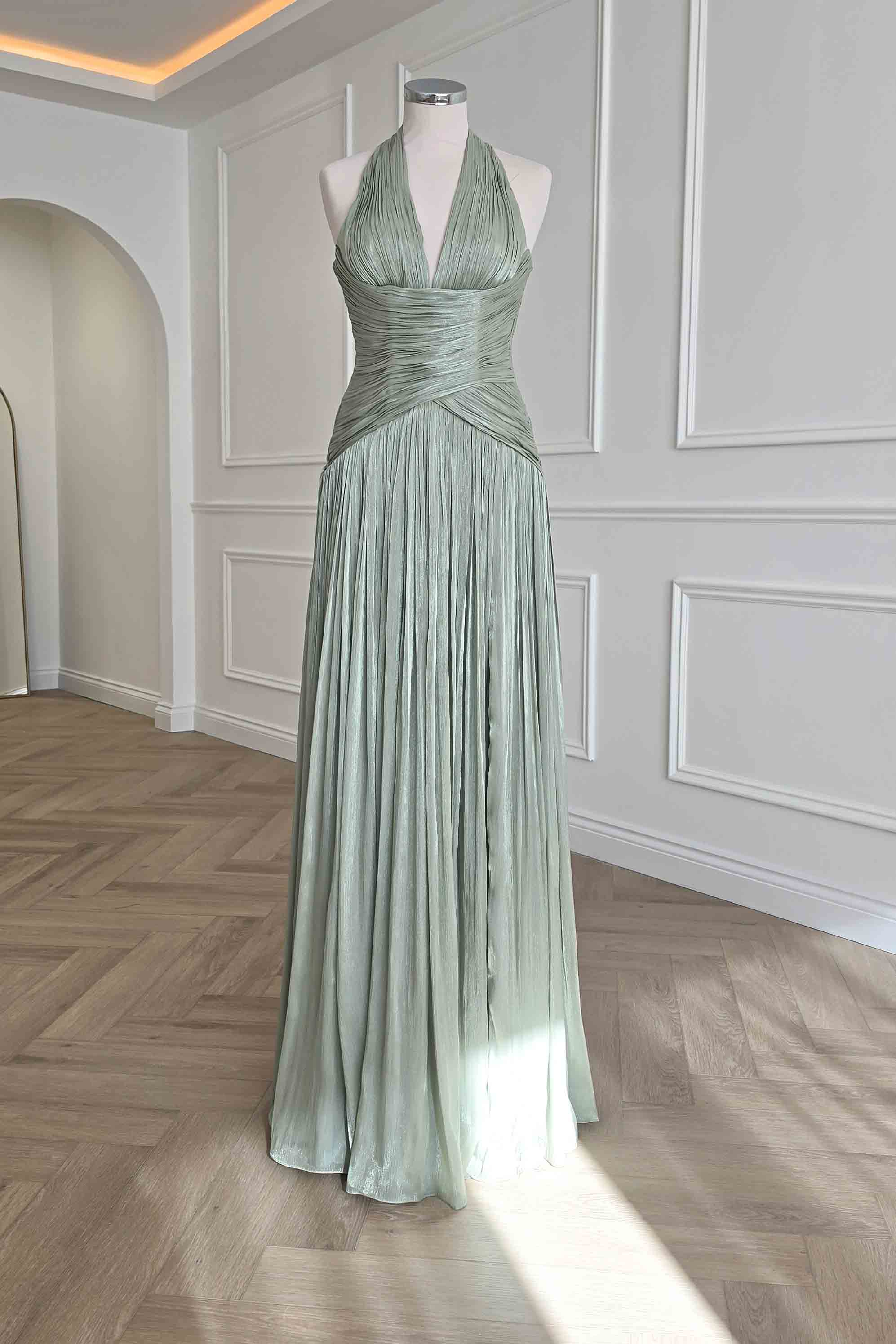Oh Hello Clothing Dresses > Prom Dresses Sharelle Pleated Luminescent Maxi Gown | Sage