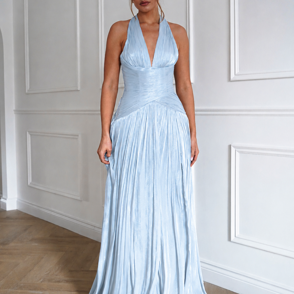 Oh Hello Clothing Dresses > Prom Dresses Sharelle Pleated Luminescent Maxi Gown | Sky Blue