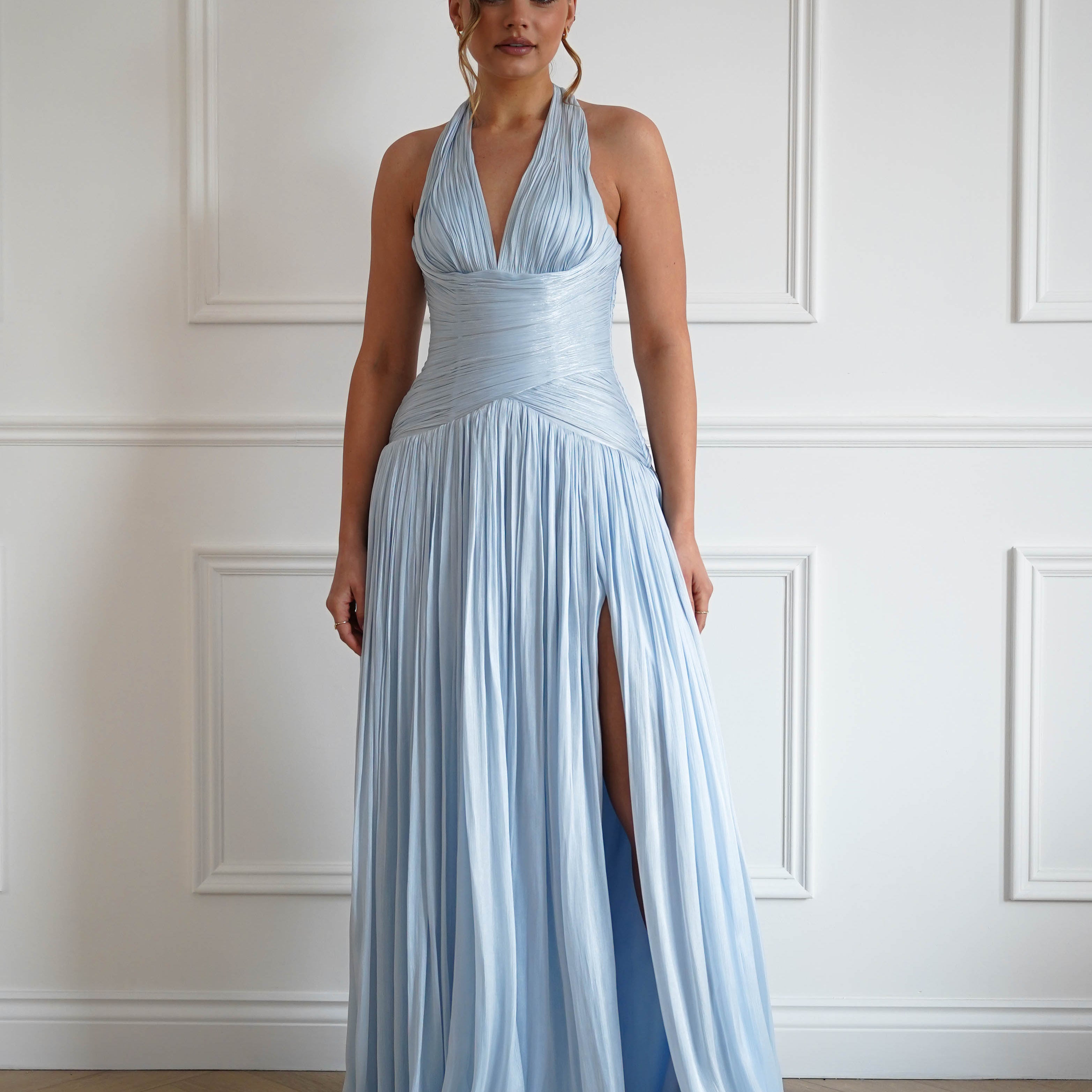 Oh Hello Clothing Dresses > Prom Dresses Sharelle Pleated Luminescent Maxi Gown | Sky Blue