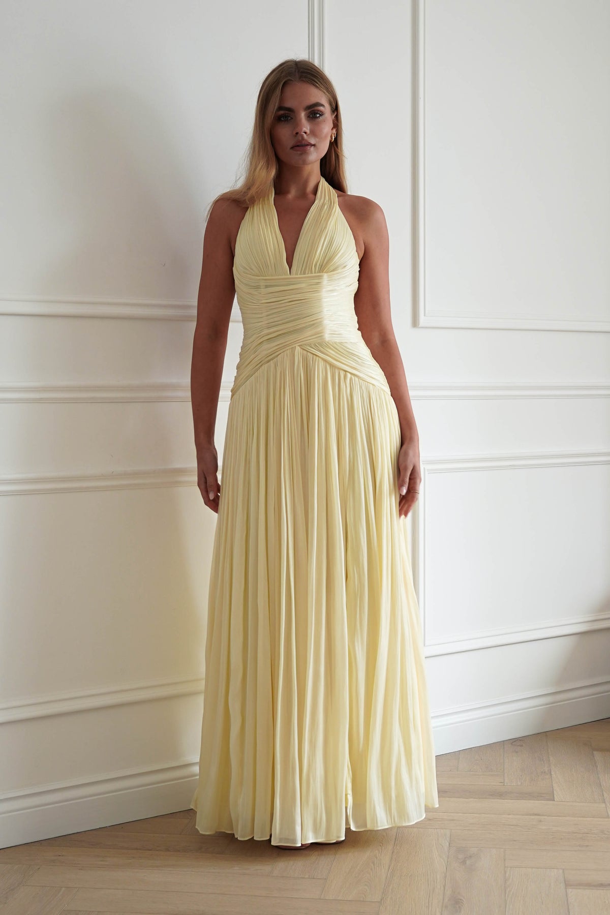 Oh Hello Clothing Dresses > Prom Dresses Sharelle Pleated Luminescent Maxi Gown | Yellow