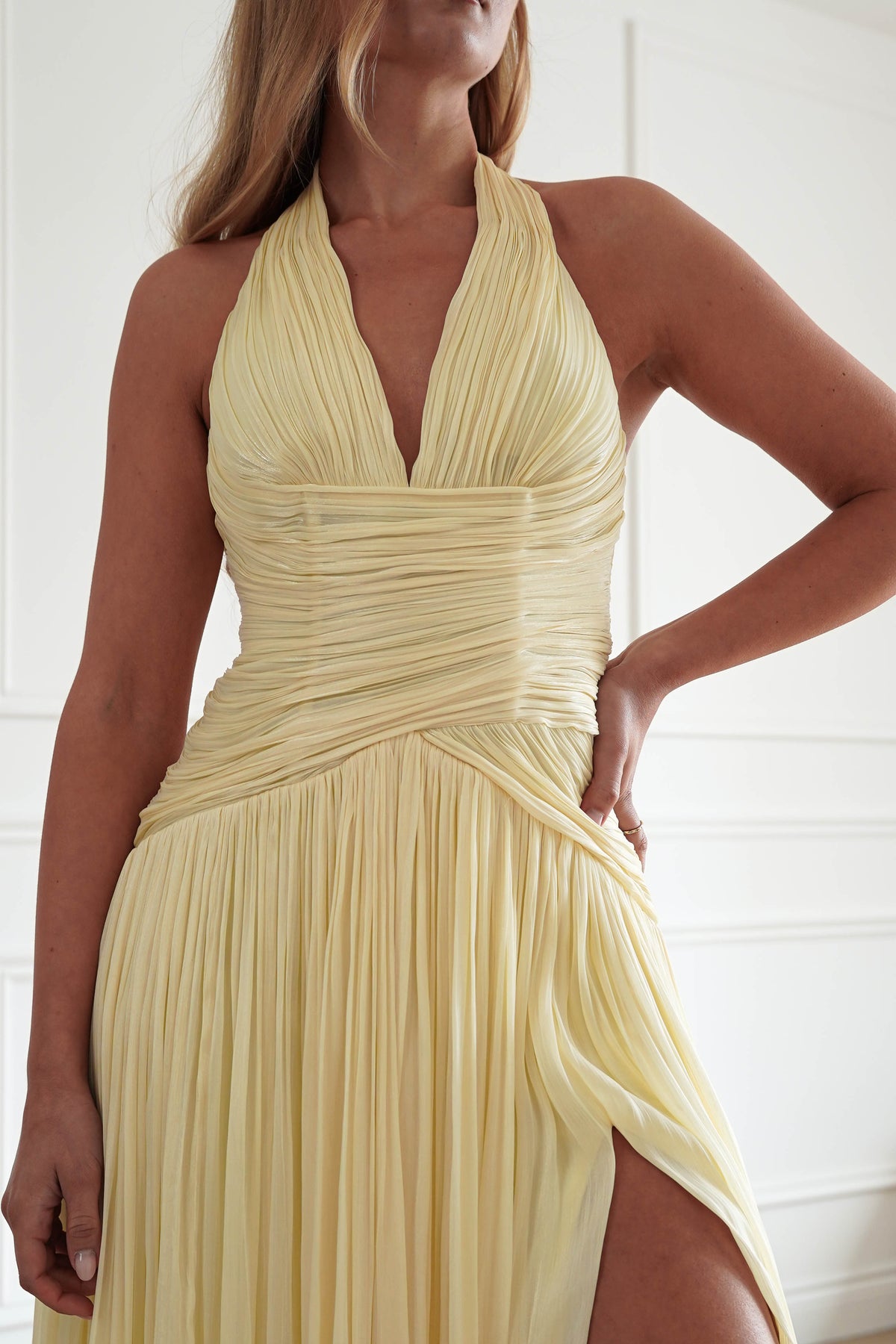 Oh Hello Clothing Dresses > Prom Dresses Sharelle Pleated Luminescent Maxi Gown | Yellow