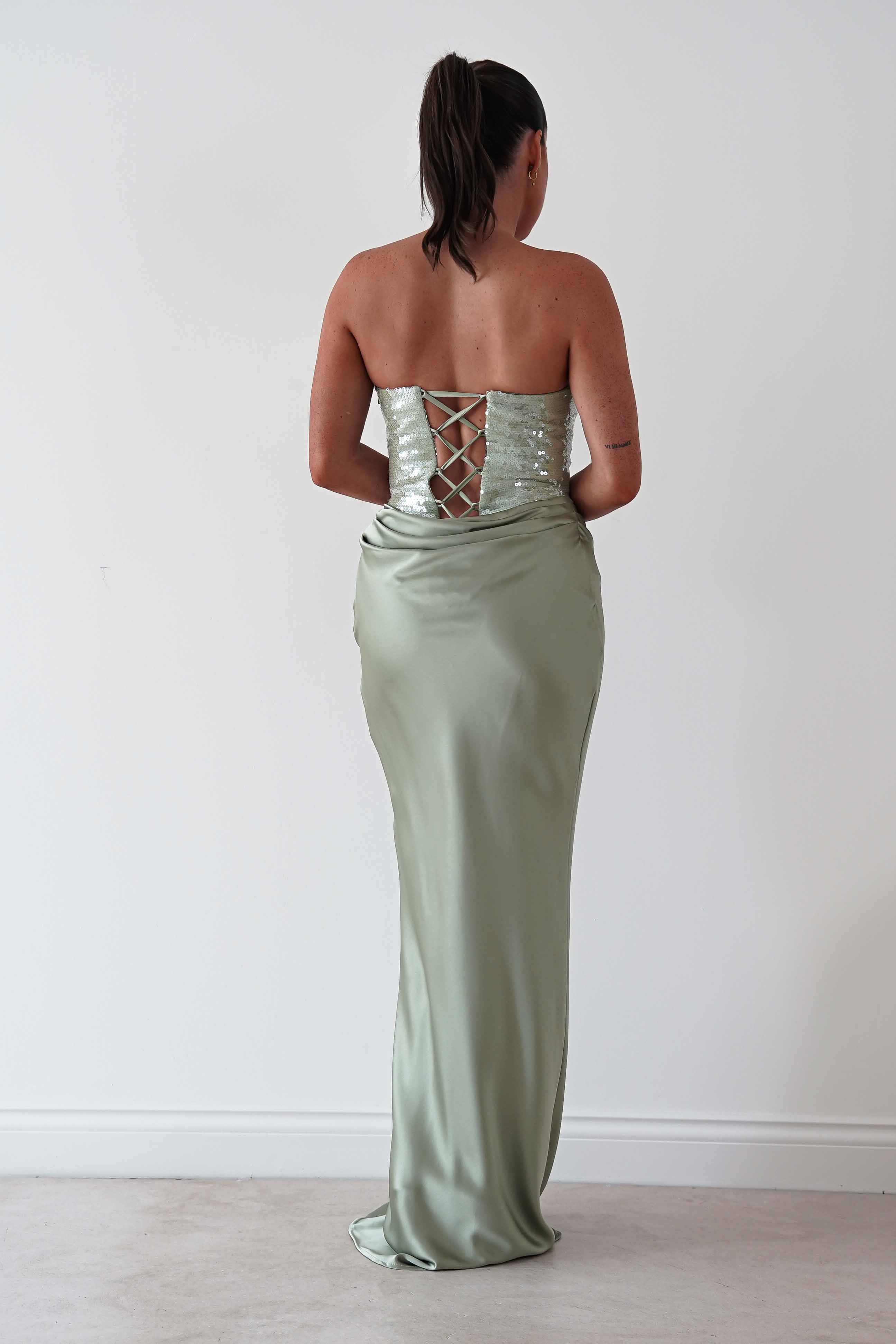 Oh Hello Clothing Dresses > Prom Dresses Sienne Strapless Sequin Satin Maxi Dress | Sage