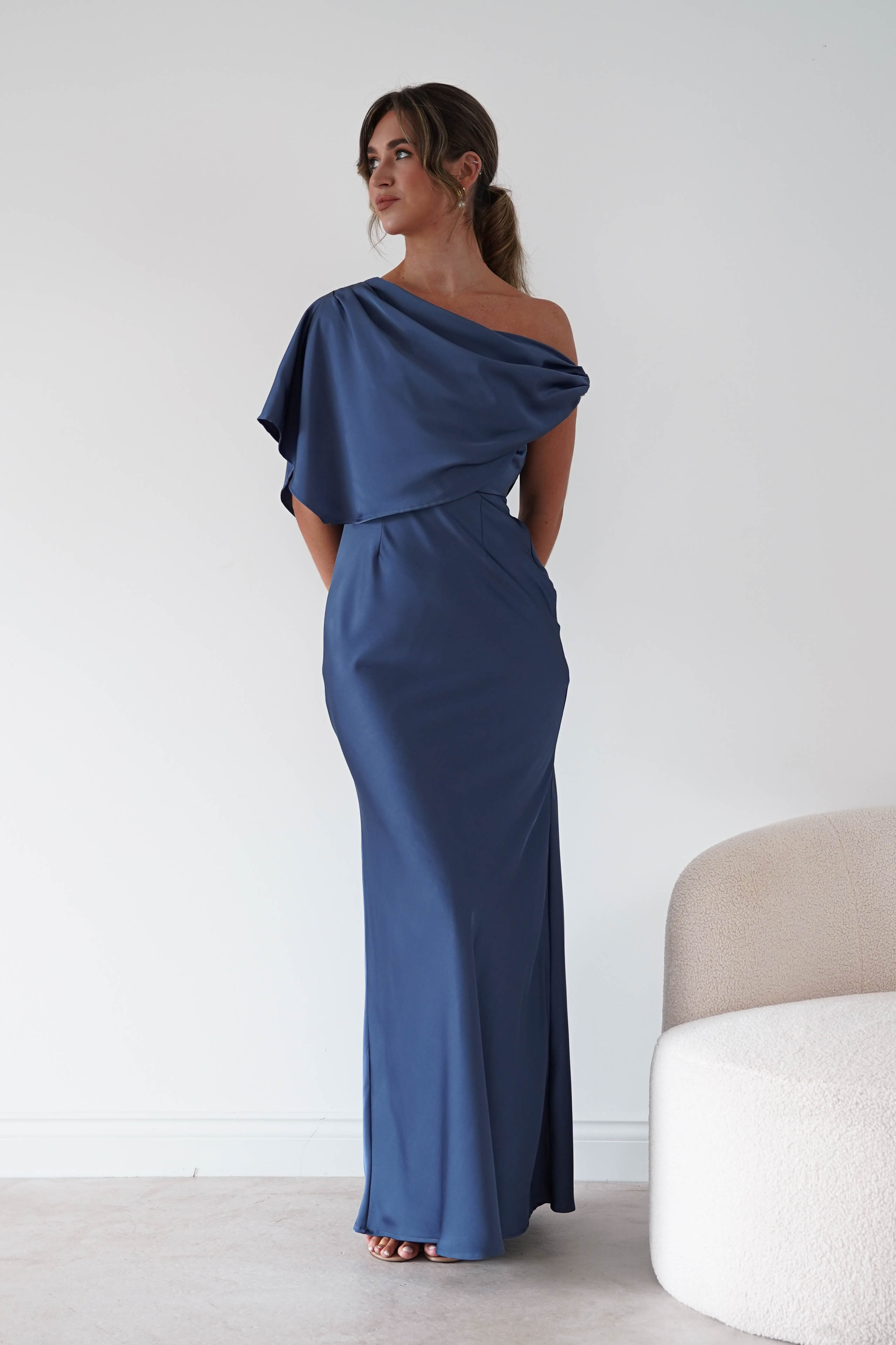 Oh Hello Clothing Women > Clothing > Dresses Sinead Satin Draped Maxi Dress | Slate Blue