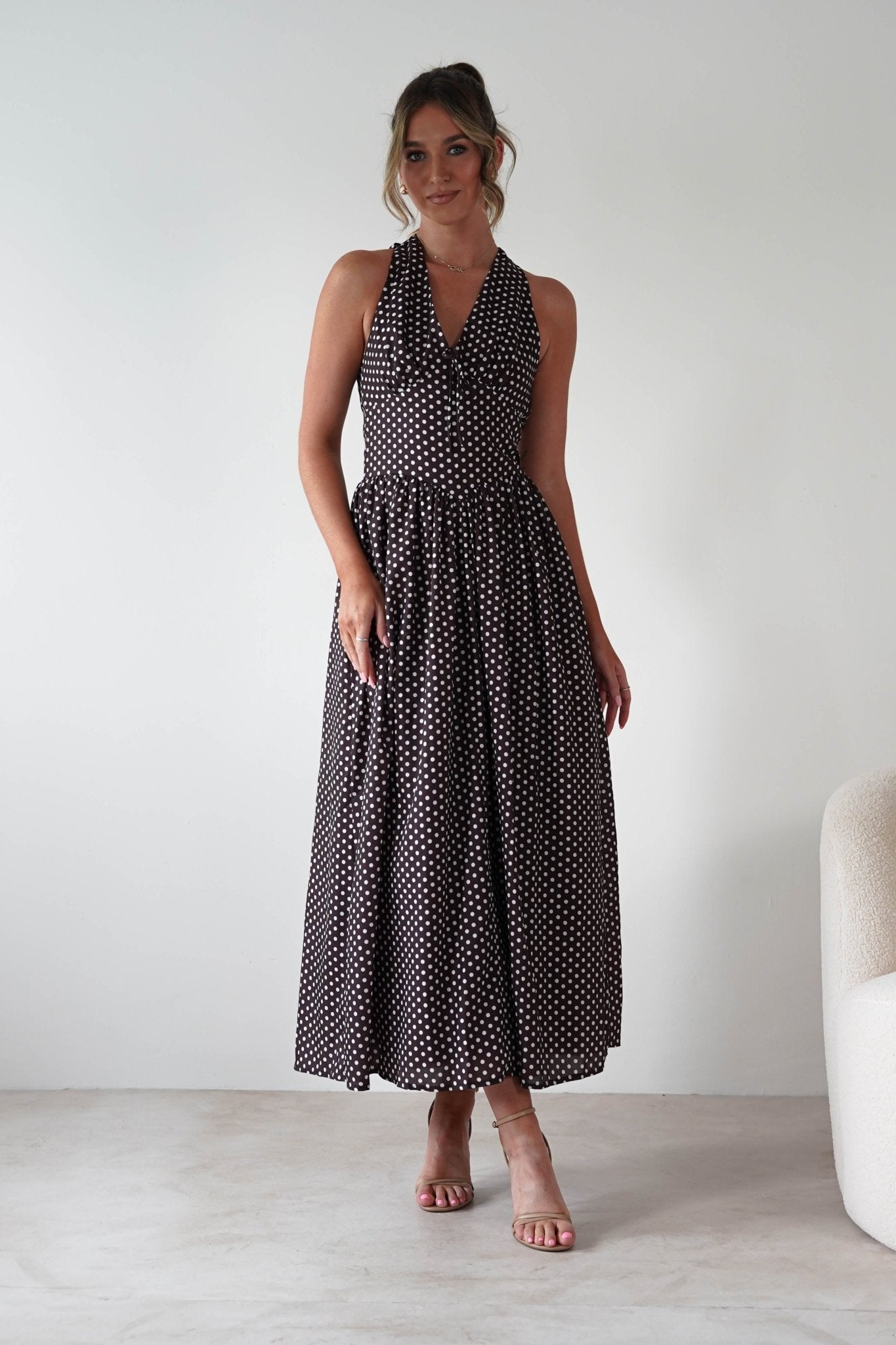 Sivana Polka Dot Skater Maxi Dress | Brown | Oh Hello Clothing | XS (6)