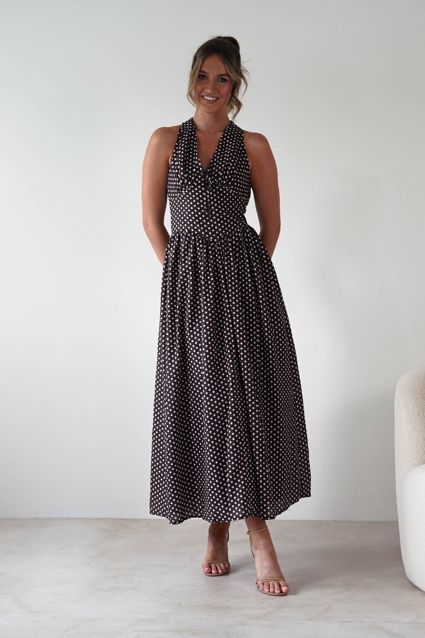 Sivana Polka Dot Skater Maxi Dress Brown | Wedding Guest Dress | Maxi | Skater | Oh Hello Clothing