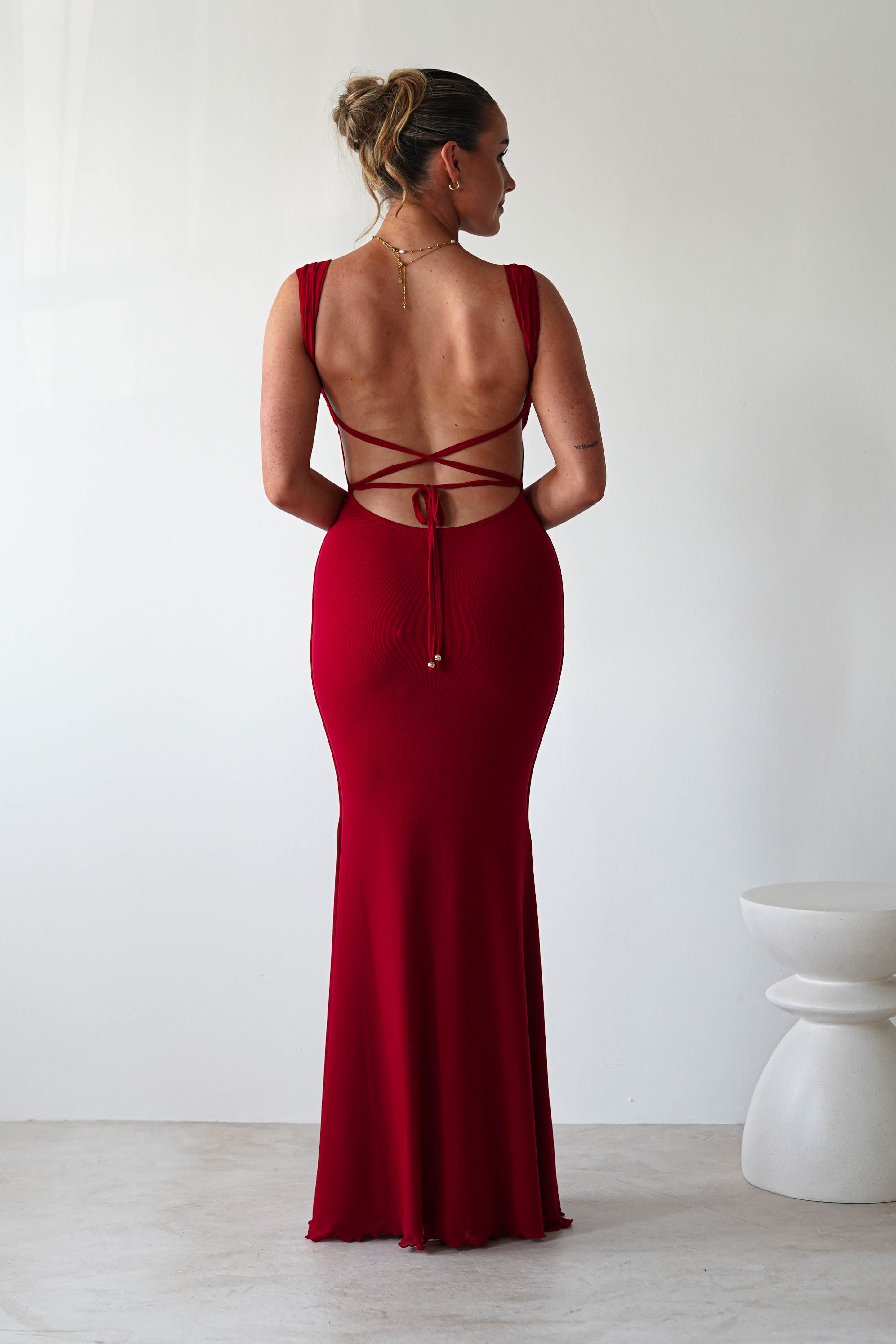 Sky Stretchy Mesh Backless Maxi Dress | Dark Red | Oh Hello Clothing | XS (6)