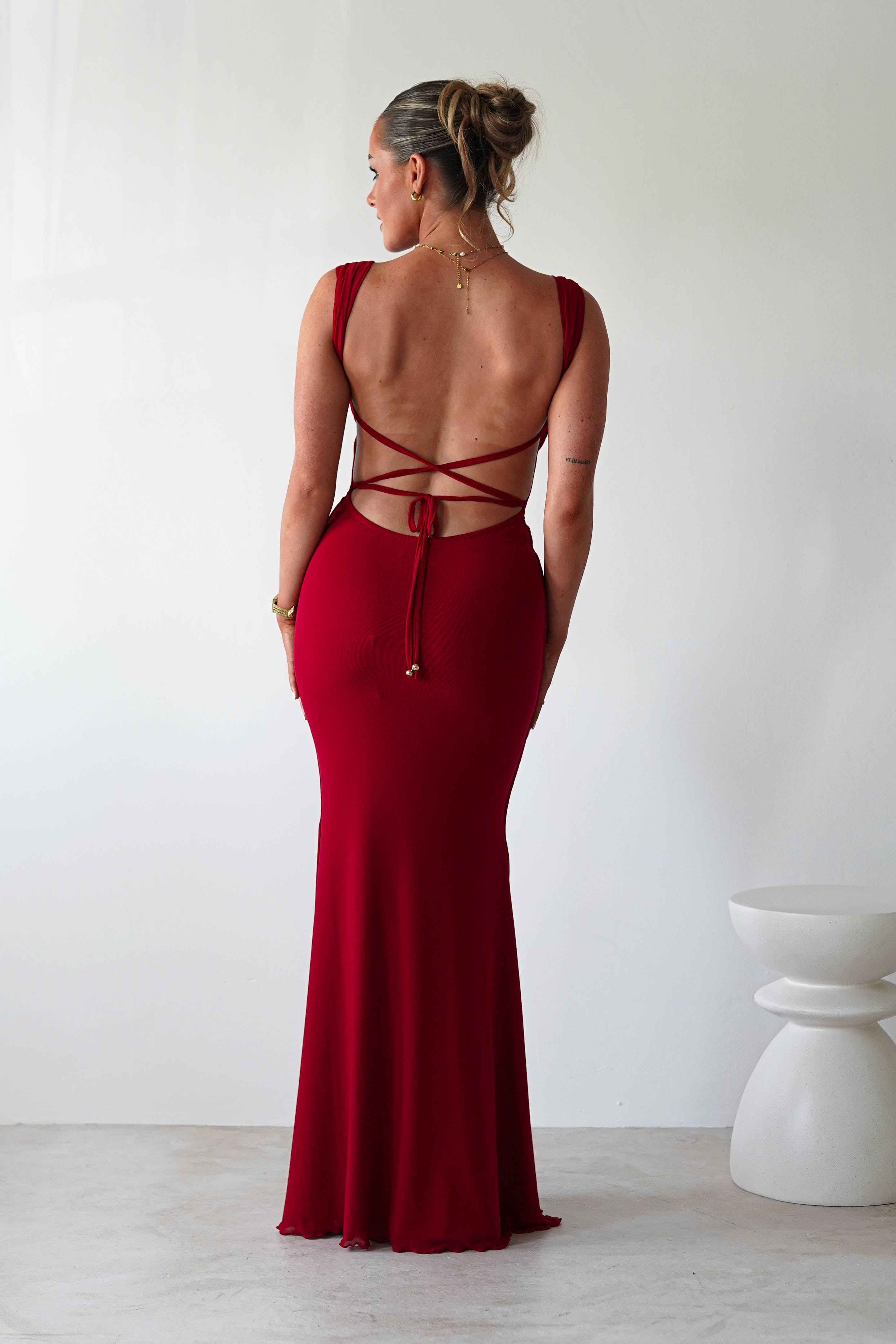 Sky Stretchy Mesh Backless Maxi Dress | Dark Red | Oh Hello Clothing | XS (6)