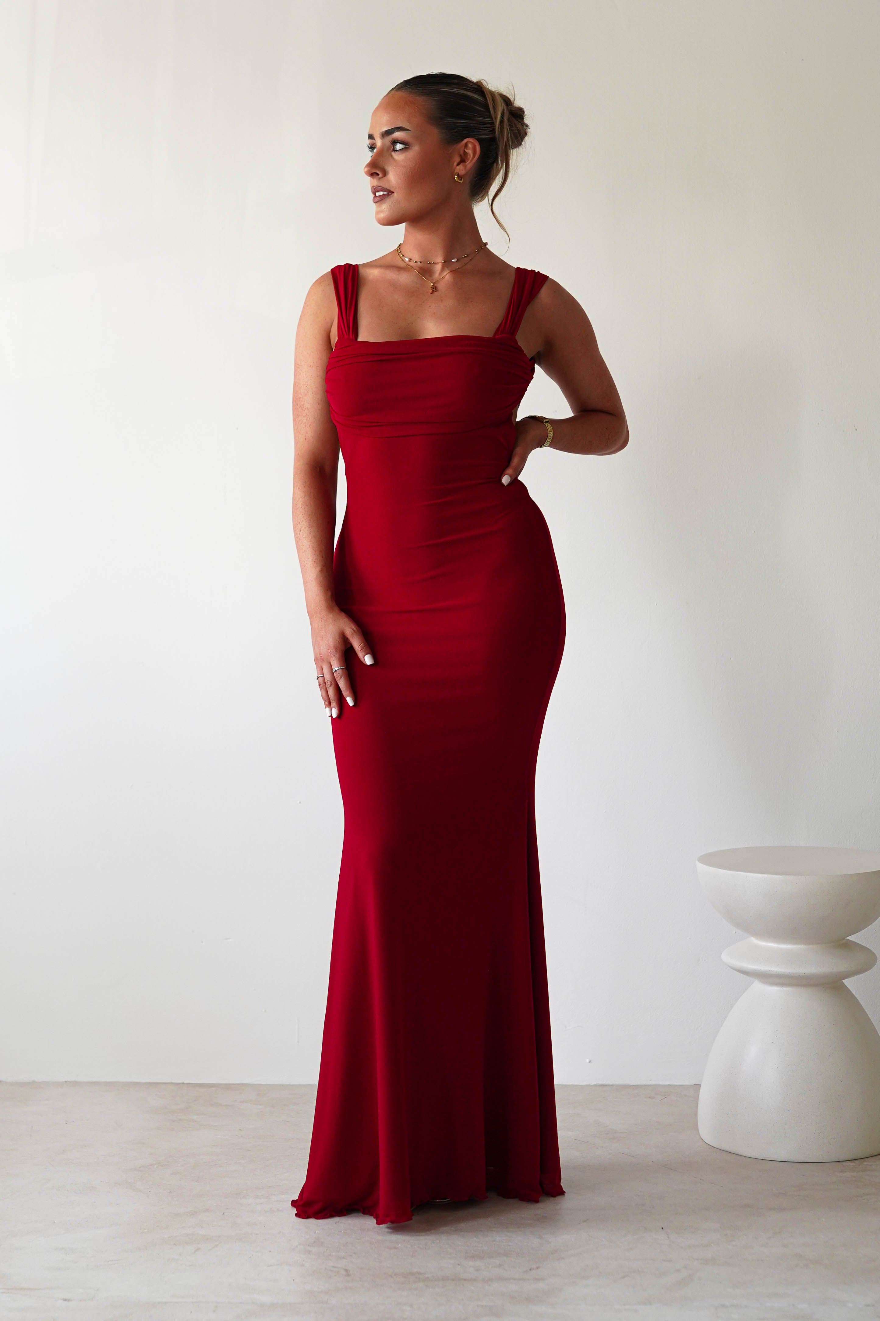 Sky Stretchy Mesh Backless Maxi Dress | Dark Red | Oh Hello Clothing | XS (6)