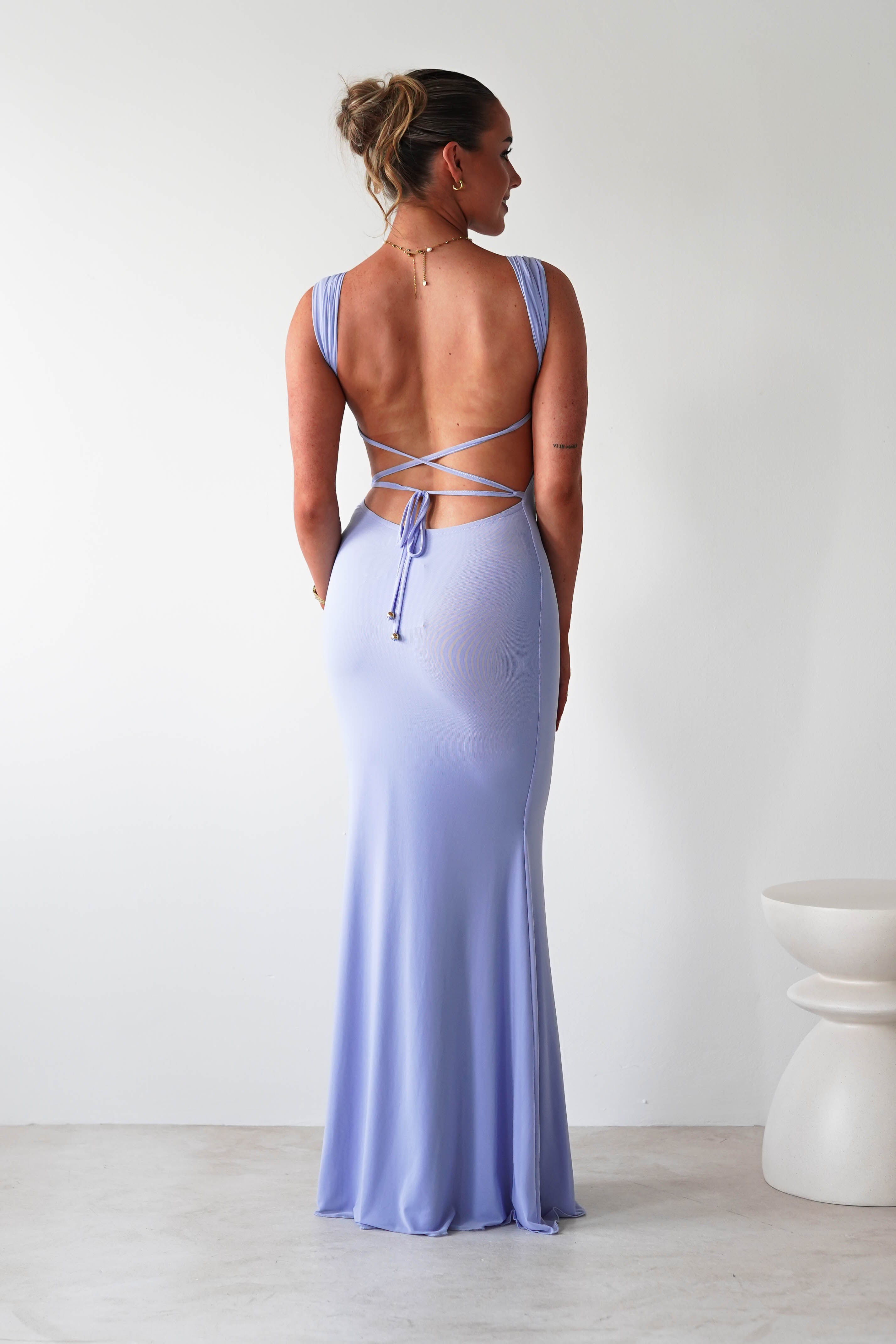 Sky Stretchy Mesh Backless Maxi Dress | Dusty Blue | Oh Hello Clothing | XS (6)