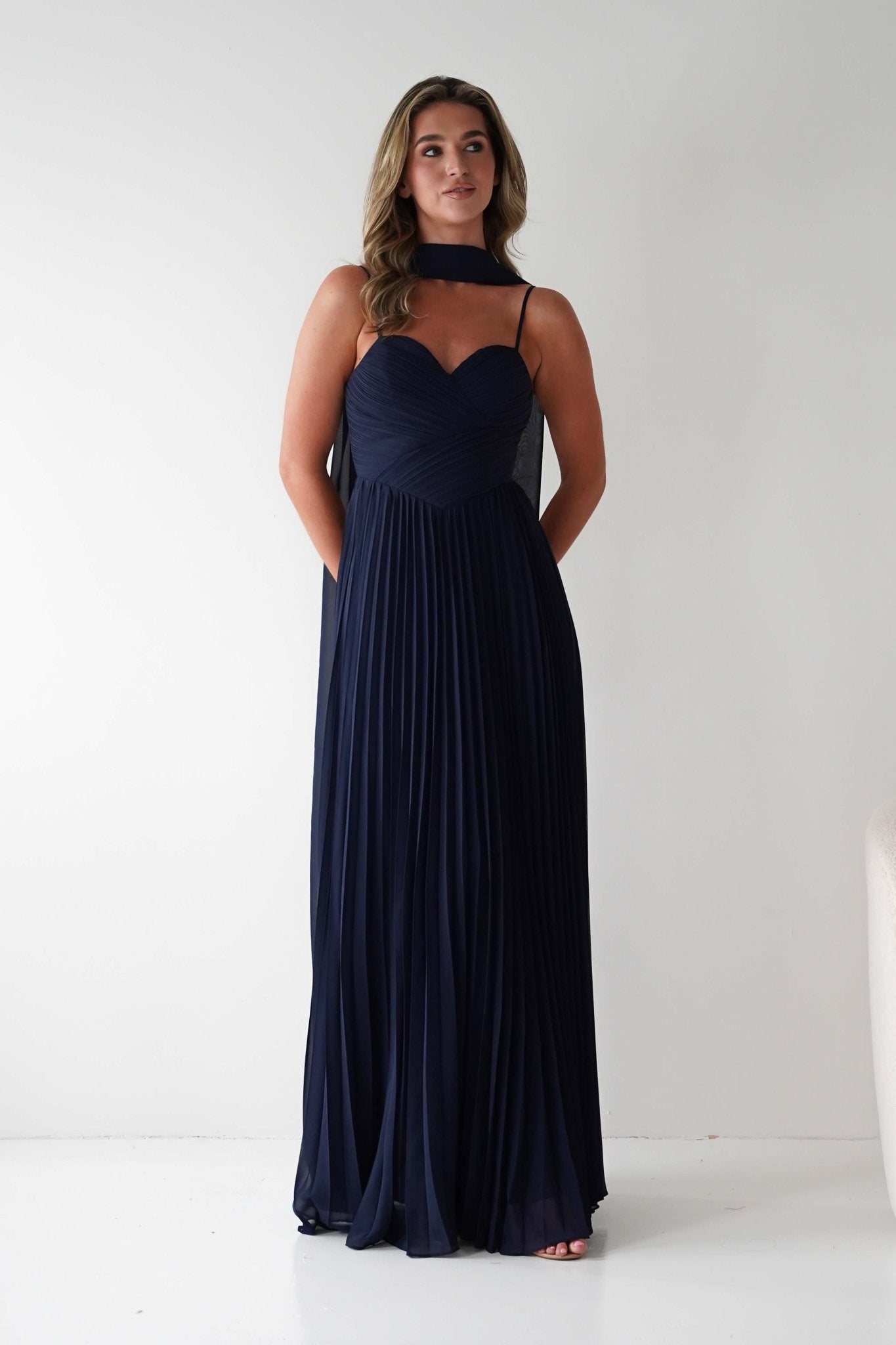 Sonia Pleated Scarf detail Maxi Dress | Navy | Oh Hello Clothing | S (8)