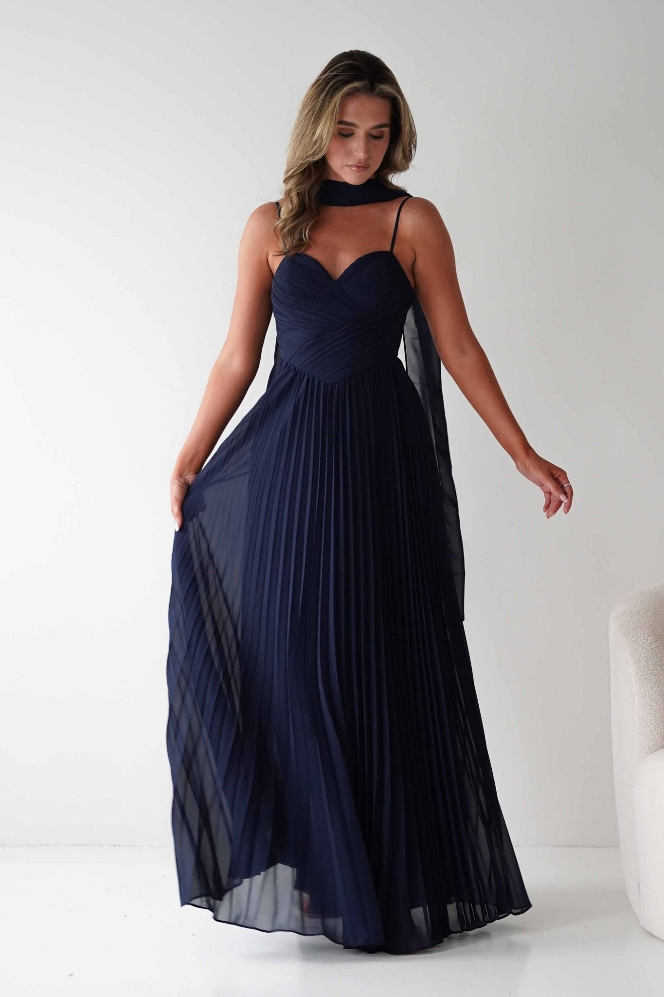 Sonia Pleated Scarf detail Maxi Dress | Navy | Oh Hello Clothing | S (8)