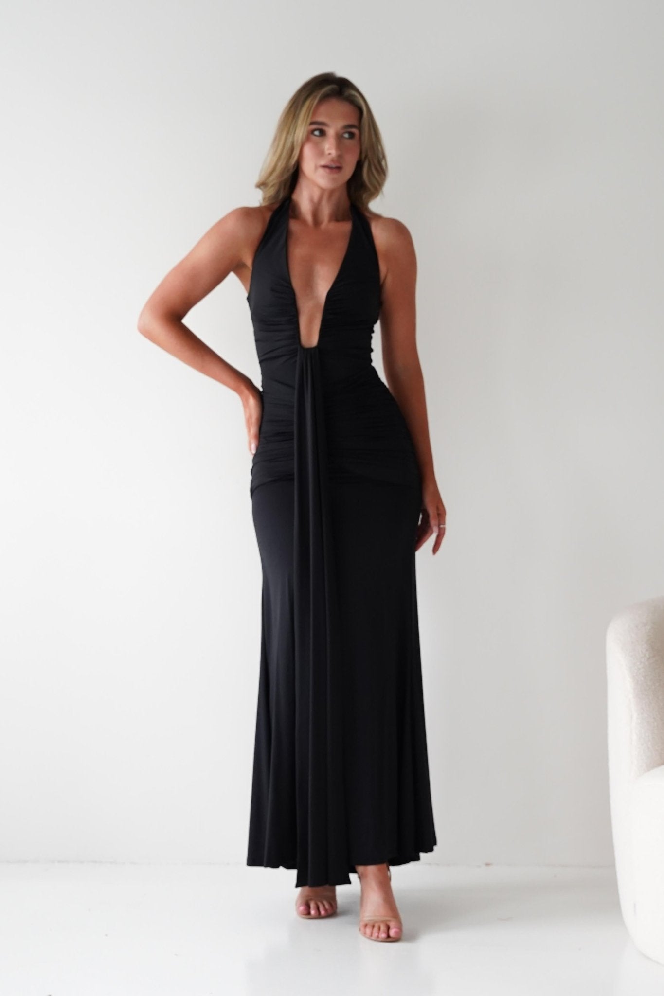 Sophia Low Cut Bodycon Maxi Dress | Black | Oh Hello Clothing | S (8)