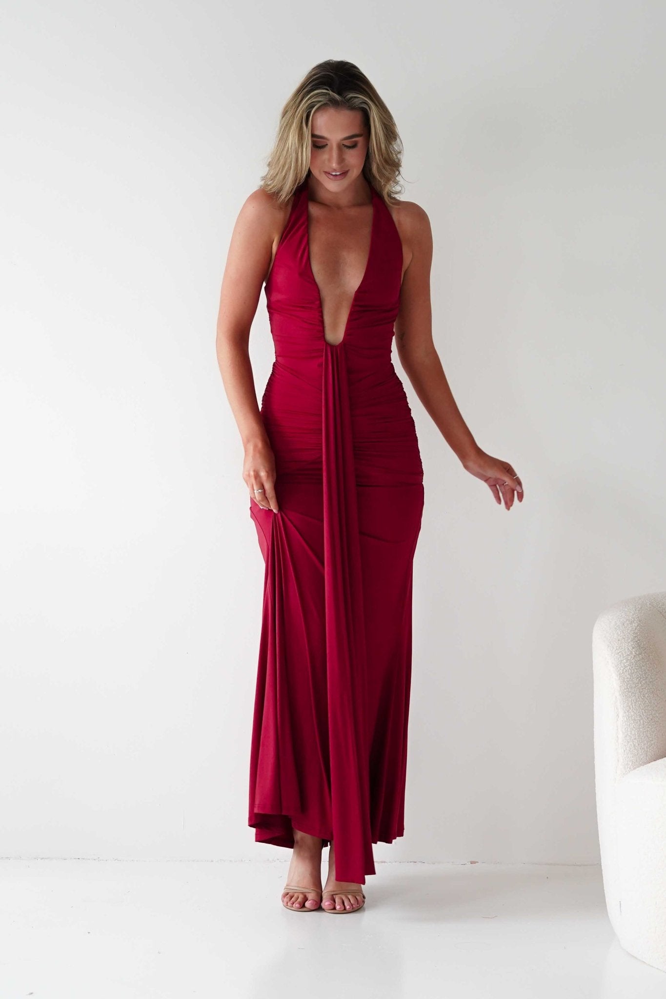 Sophia Low Cut Bodycon Maxi Dress | Red | Oh Hello Clothing | S (8)