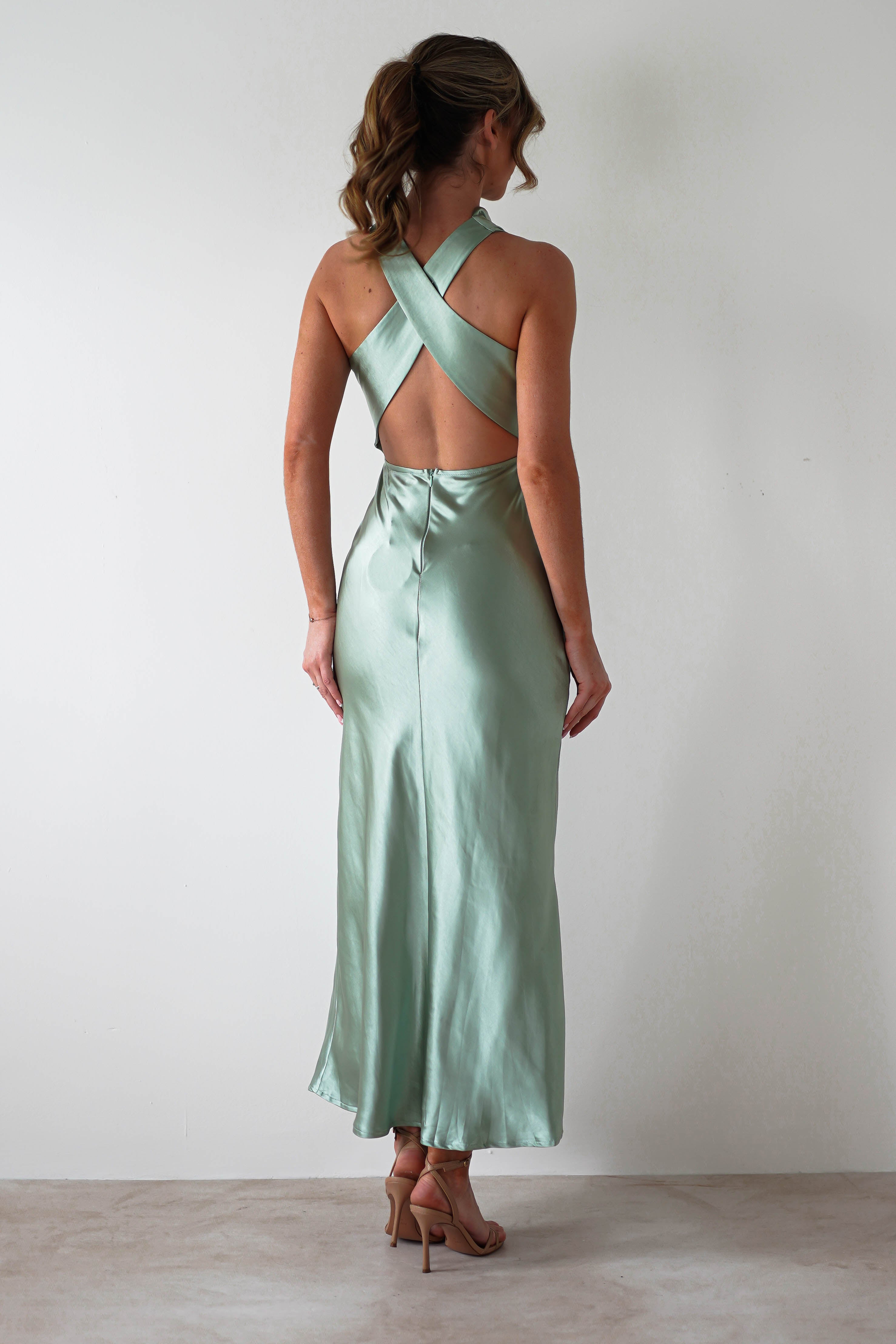 Stefanie Soft Satin Maxi Dress | Sage Green | Oh Hello Clothing | XS (6)