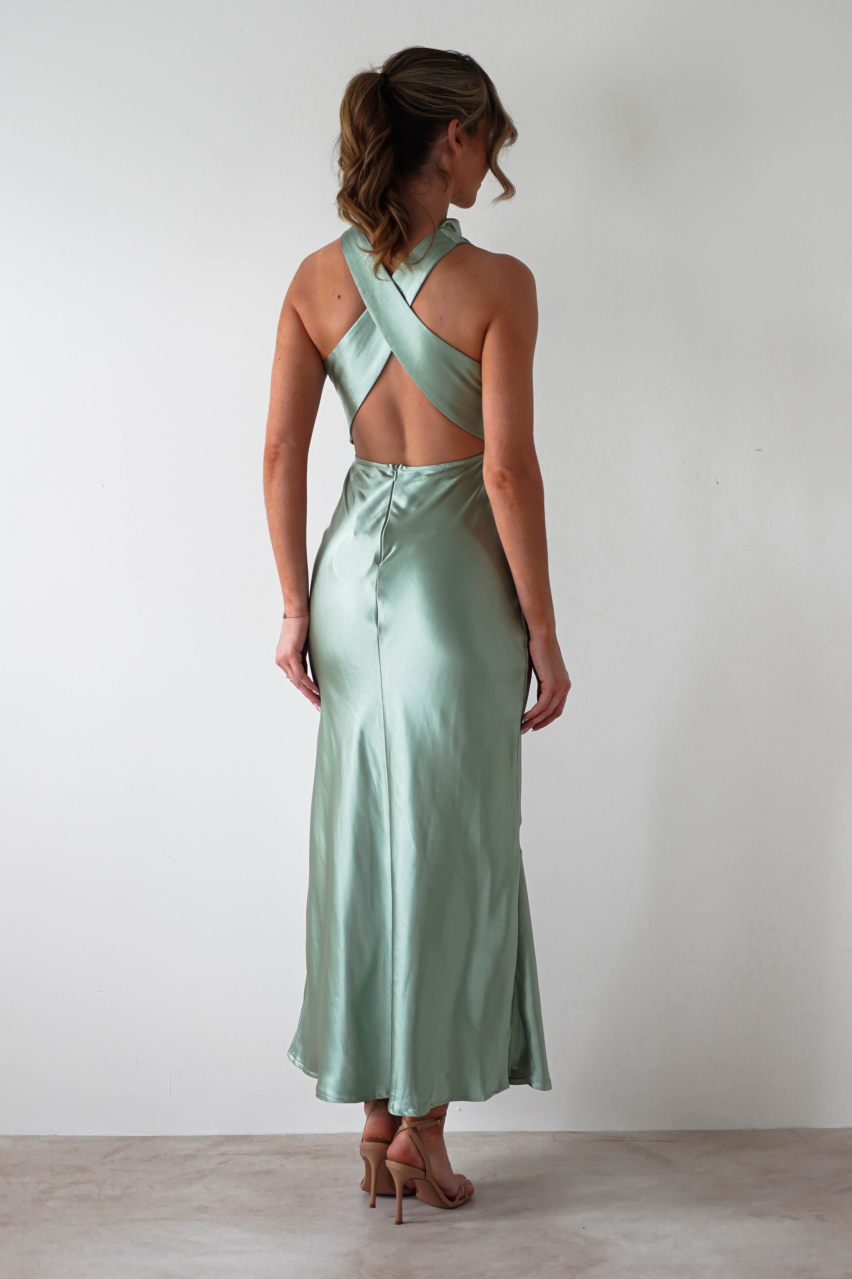 Stefanie Soft Satin Maxi Dress | Sage Green | Oh Hello Clothing | XS (6)