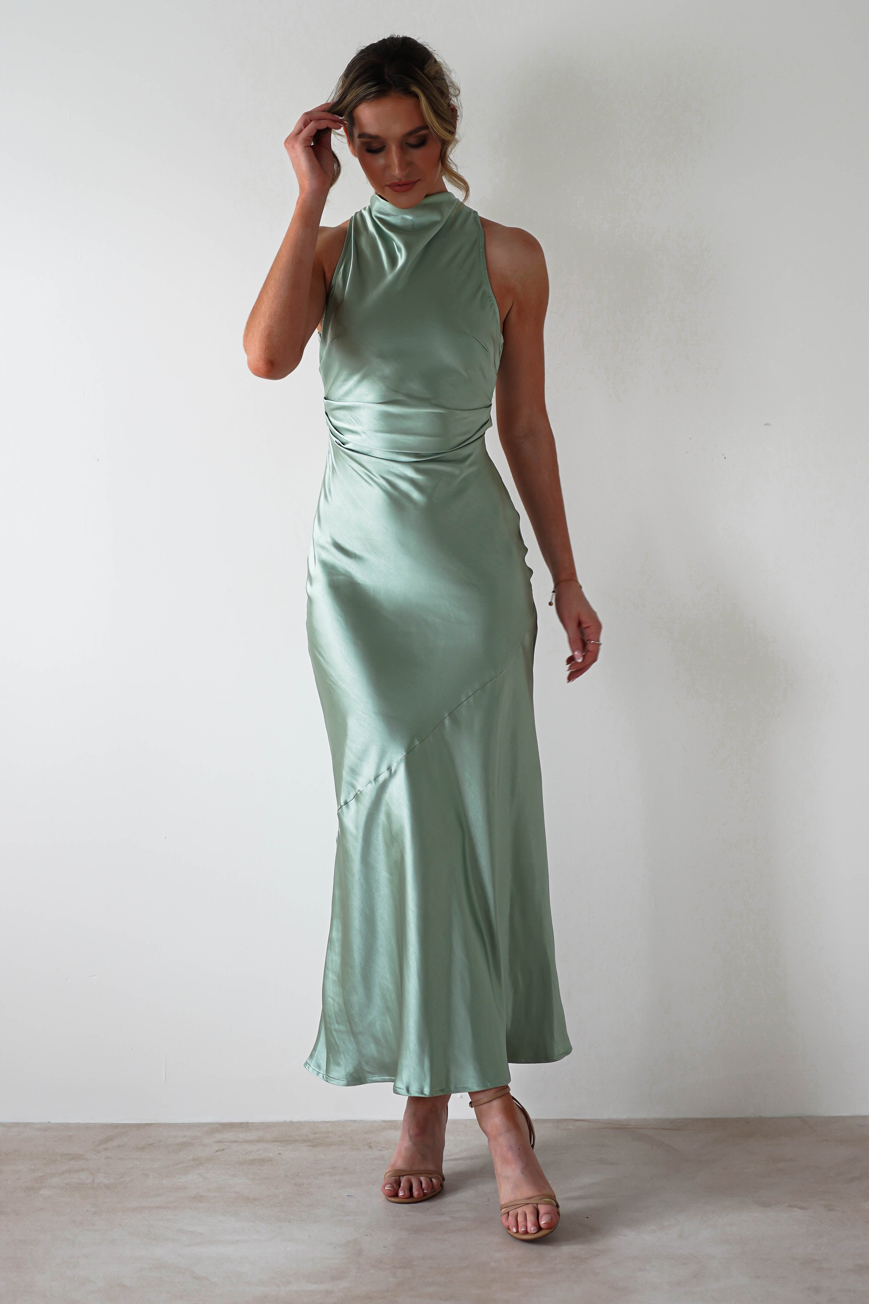 Stefanie Soft Satin Maxi Dress | Sage Green | Oh Hello Clothing | XS (6)