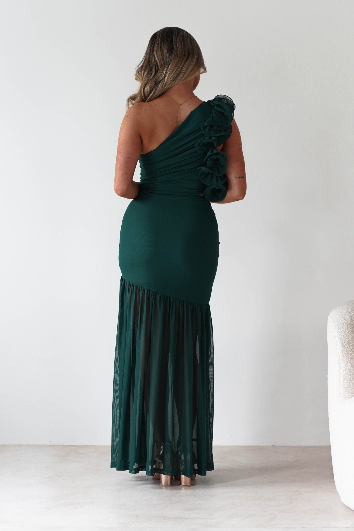 Stephanie Mesh Ruffle Maxi Dress | Forest Green | Oh Hello Clothing | XS (6)