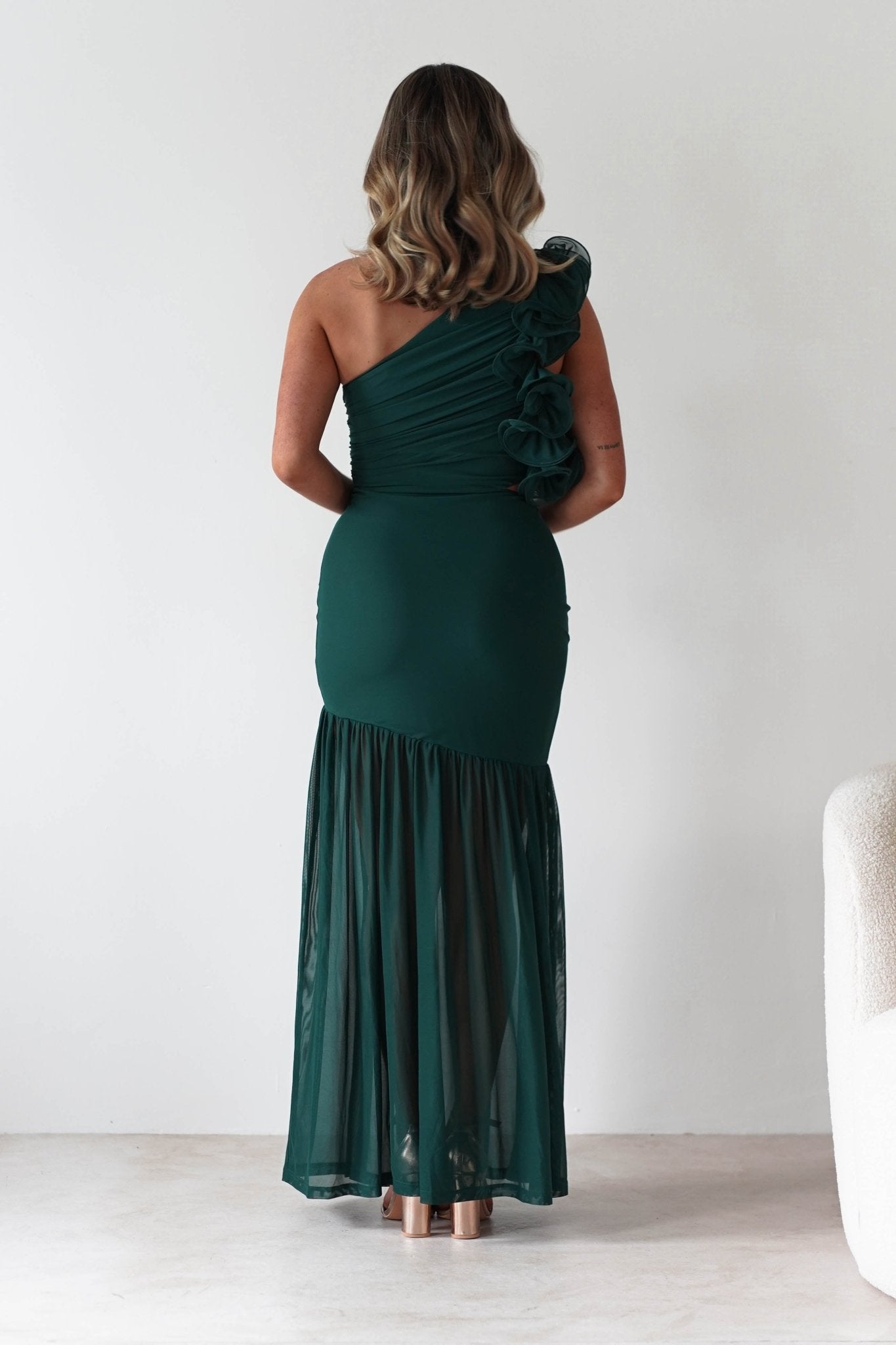 Stephanie Mesh Ruffle Maxi Dress | Forest Green | Oh Hello Clothing | XS (6)