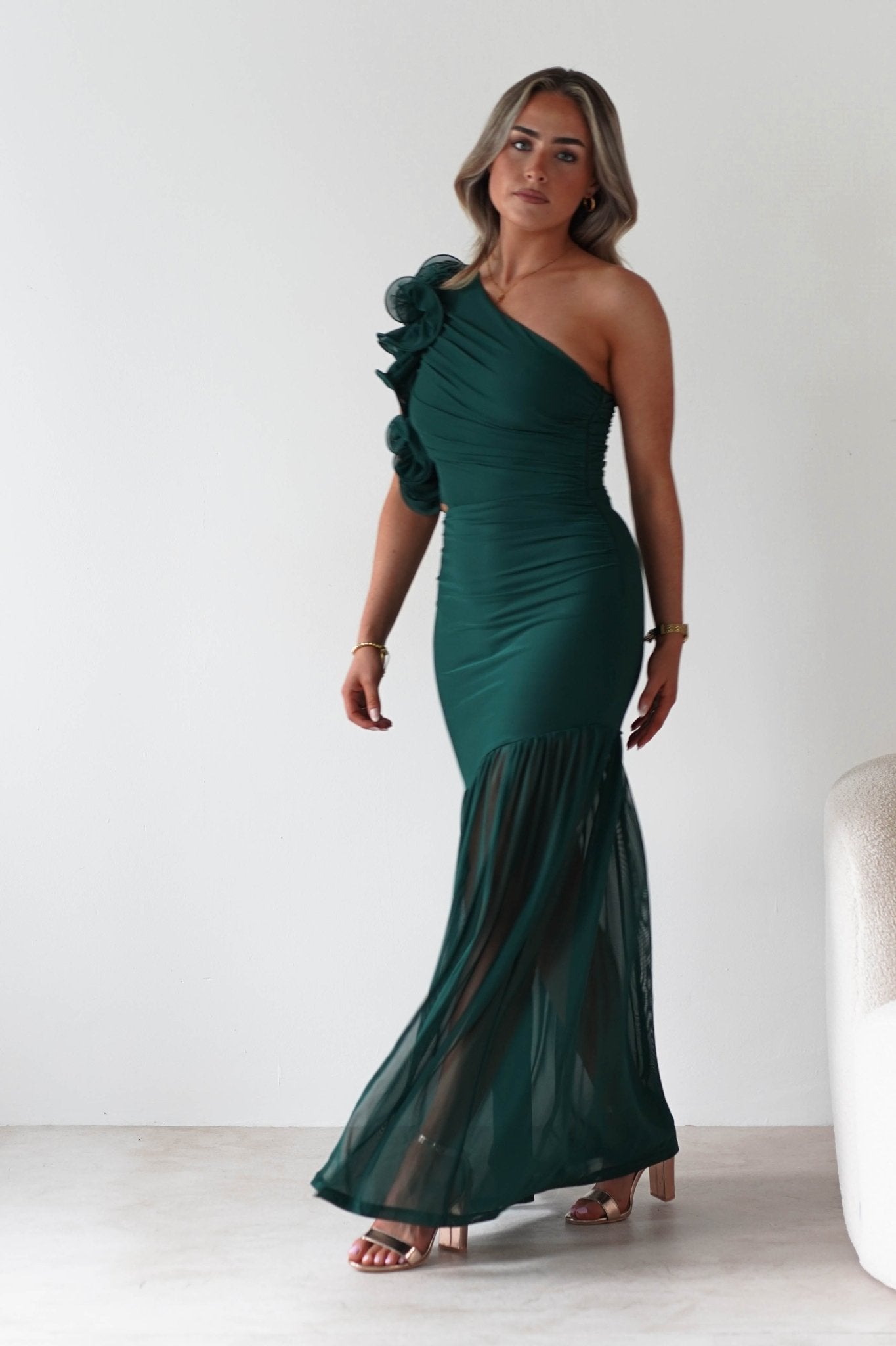 Stephanie Mesh Ruffle Maxi Dress | Forest Green | Oh Hello Clothing | XS (6)