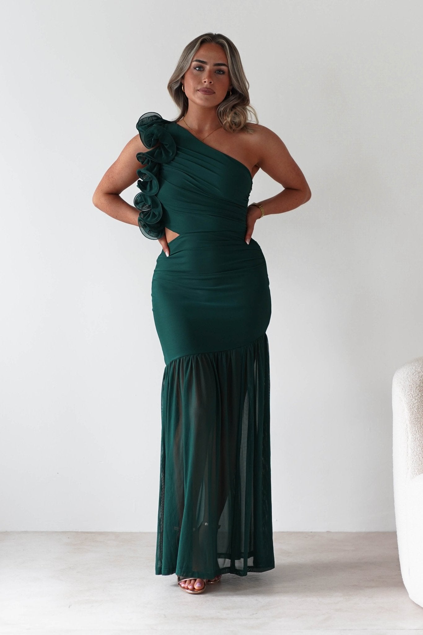 Stephanie Mesh Ruffle Maxi Dress | Forest Green | Oh Hello Clothing | XS (6)