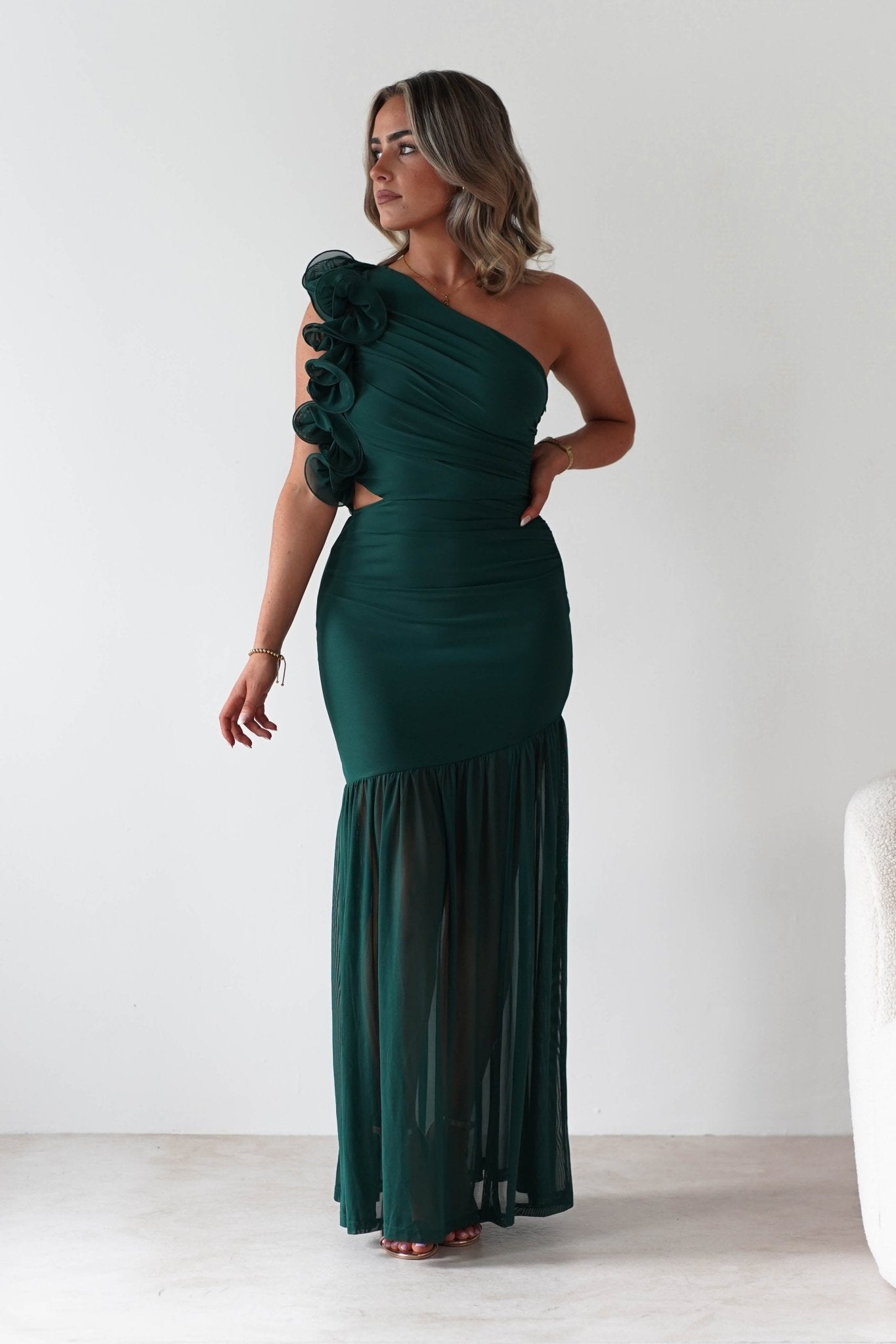 Stephanie Mesh Ruffle Maxi Dress | Forest Green | Oh Hello Clothing | XS (6)