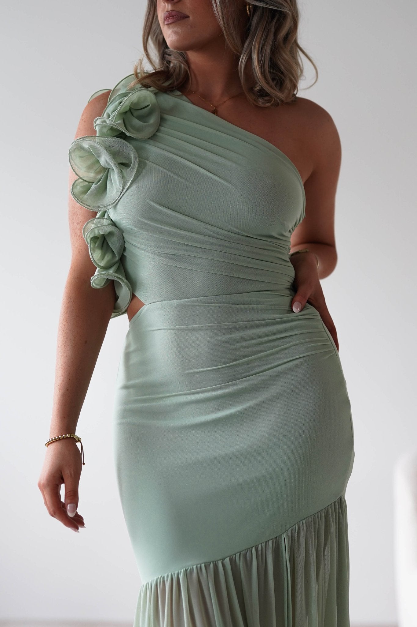 Stephanie Mesh Ruffle Maxi Dress | Sage | Oh Hello Clothing | XS (6)