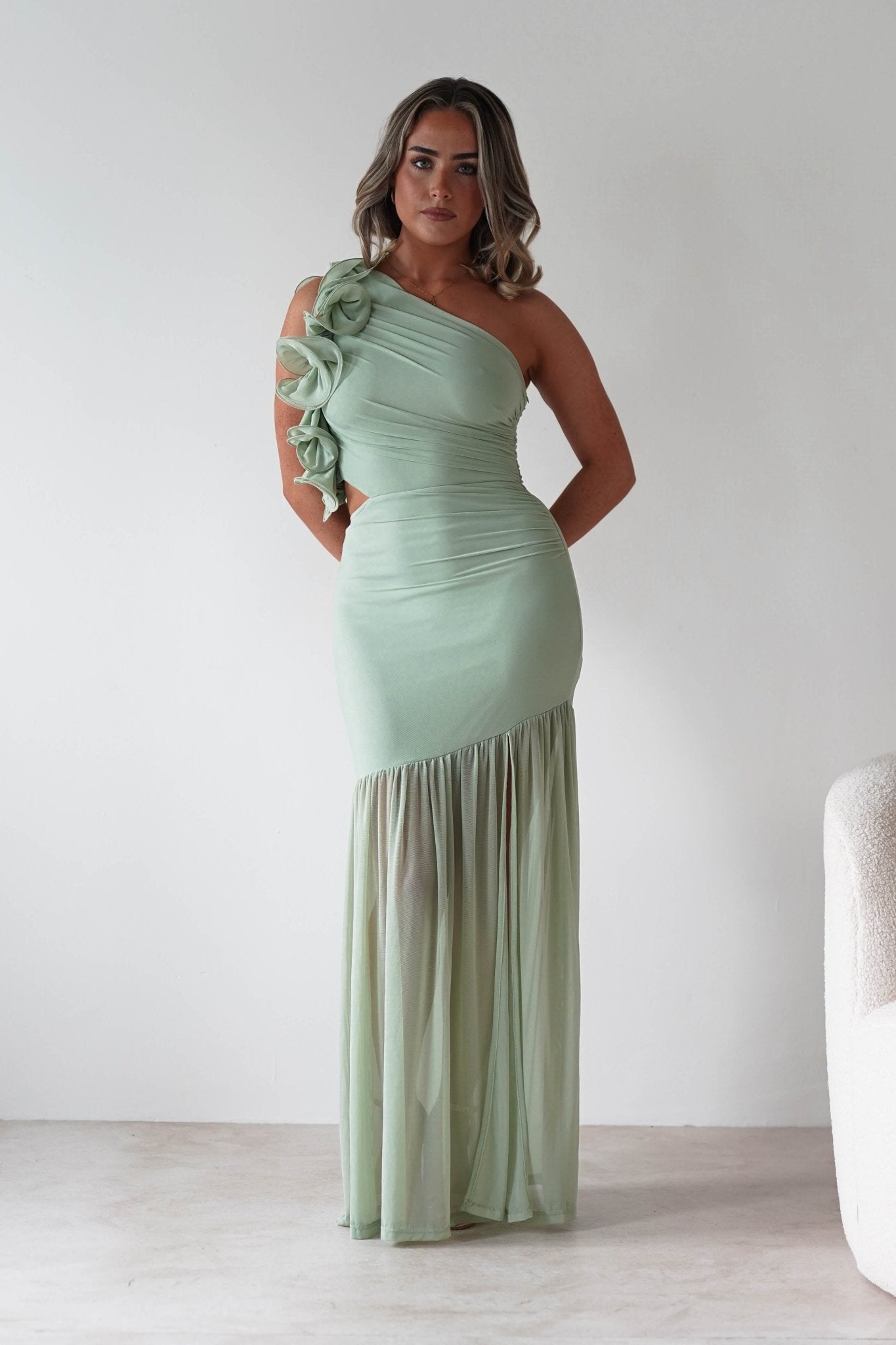 Stephanie Mesh Ruffle Maxi Dress | Sage | Oh Hello Clothing | XS (6)
