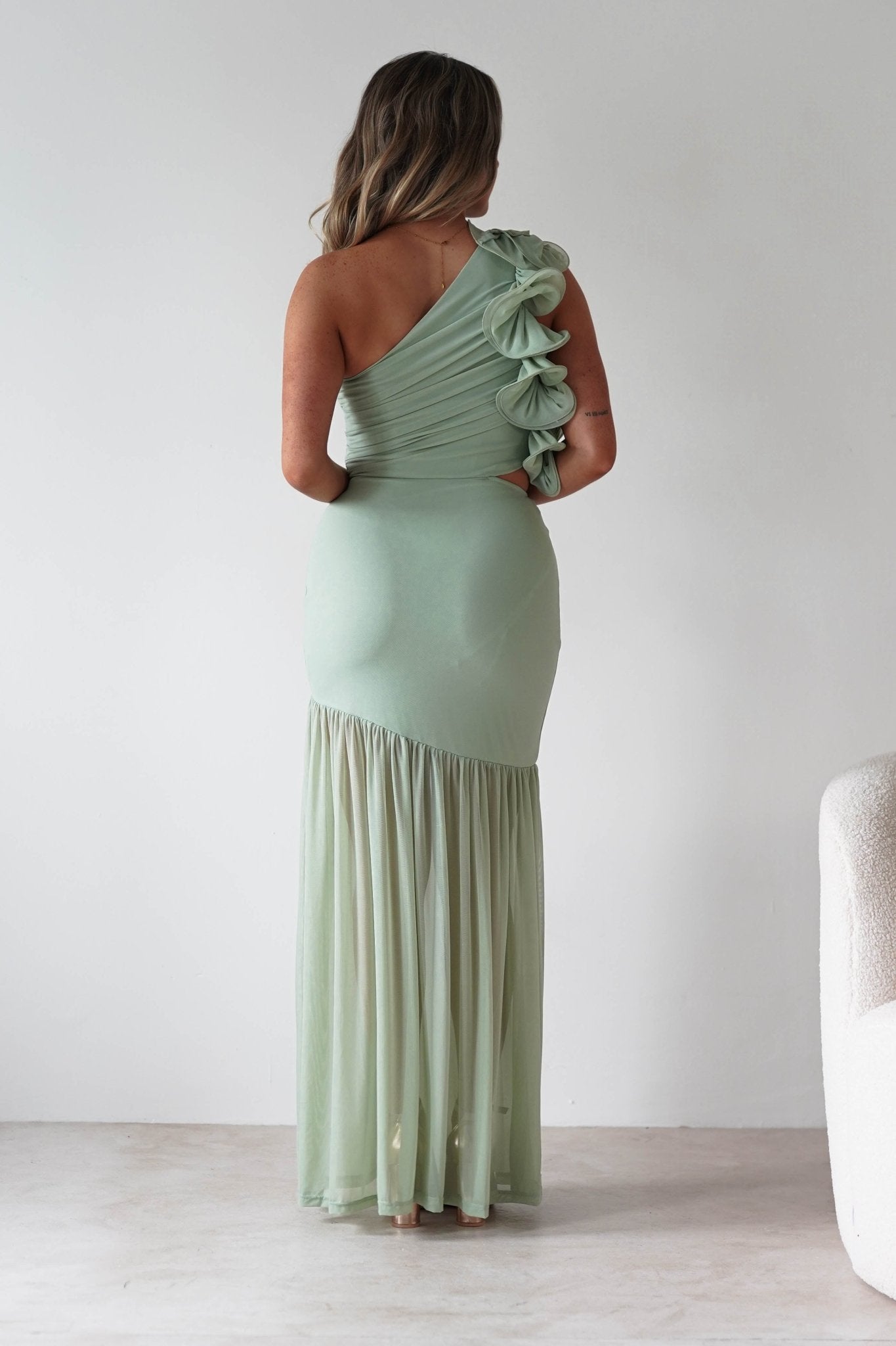 Stephanie Mesh Ruffle Maxi Dress | Sage | Oh Hello Clothing | XS (6)