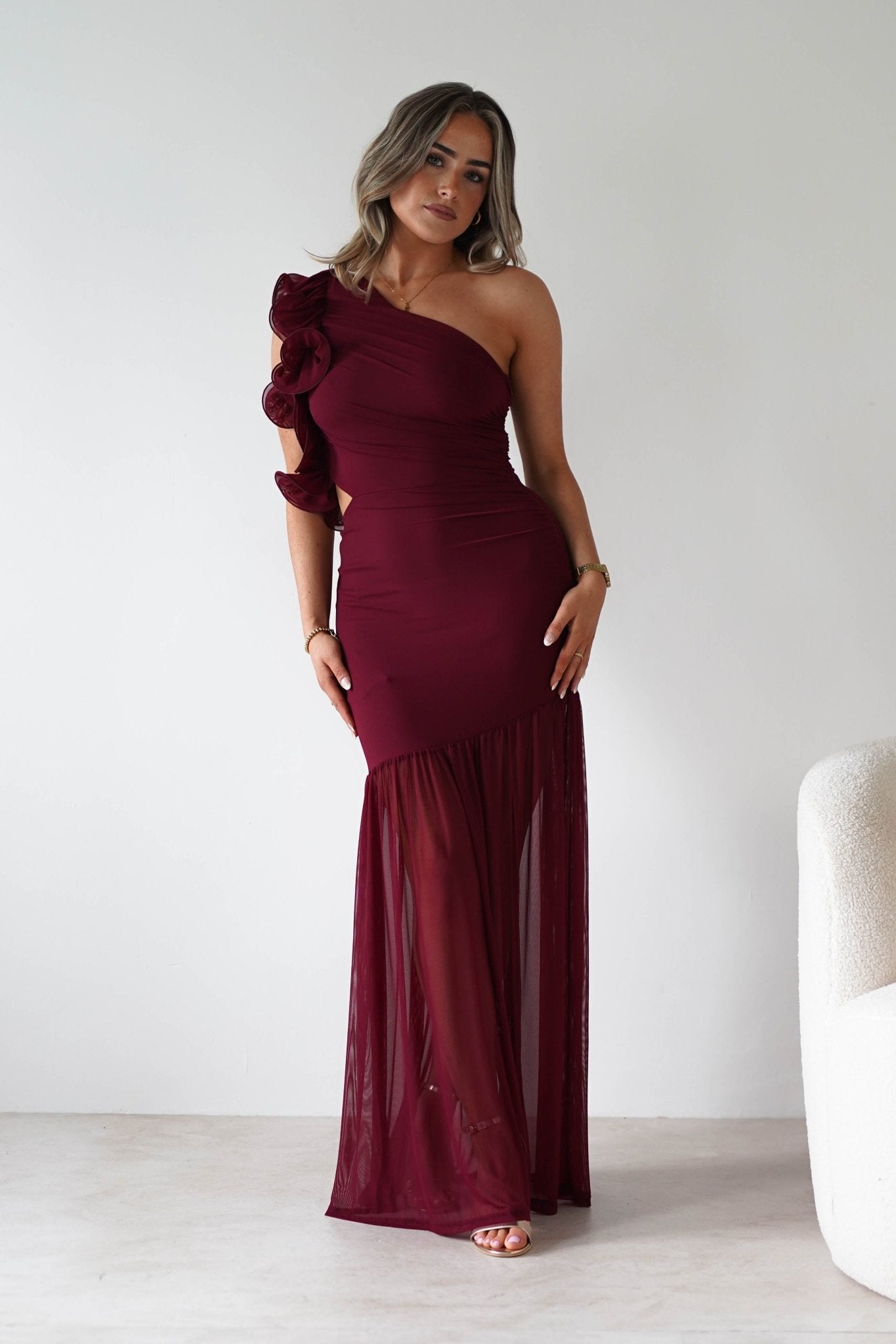 Stephanie Mesh Ruffle Maxi Dress | Wine | Oh Hello Clothing | XS (6)