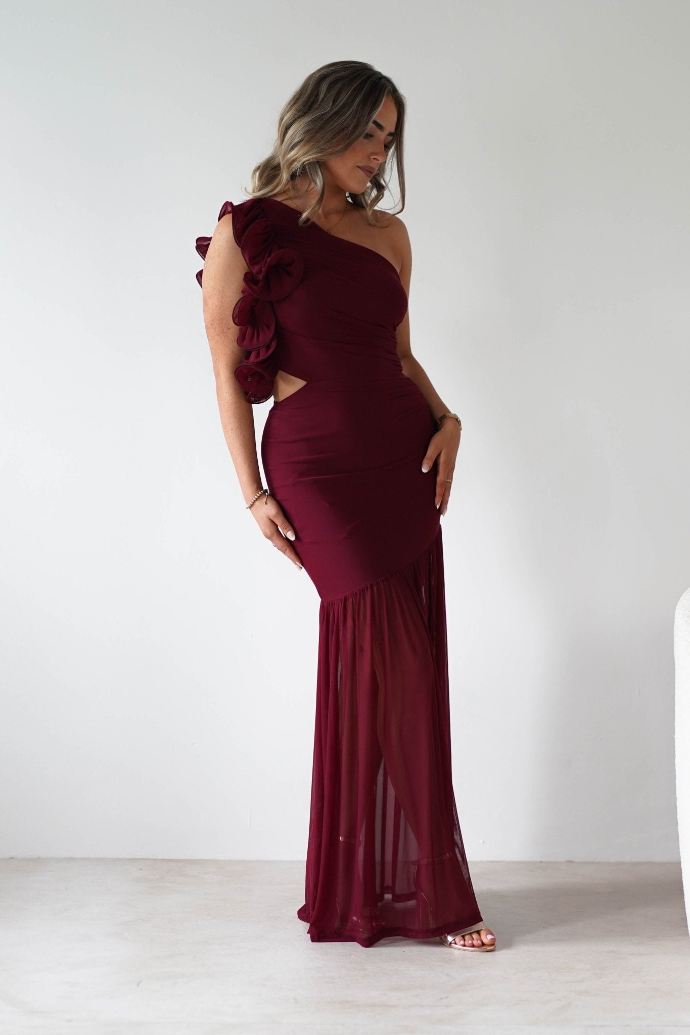 Stephanie Mesh Ruffle Maxi Dress | Wine | Oh Hello Clothing | XS (6)