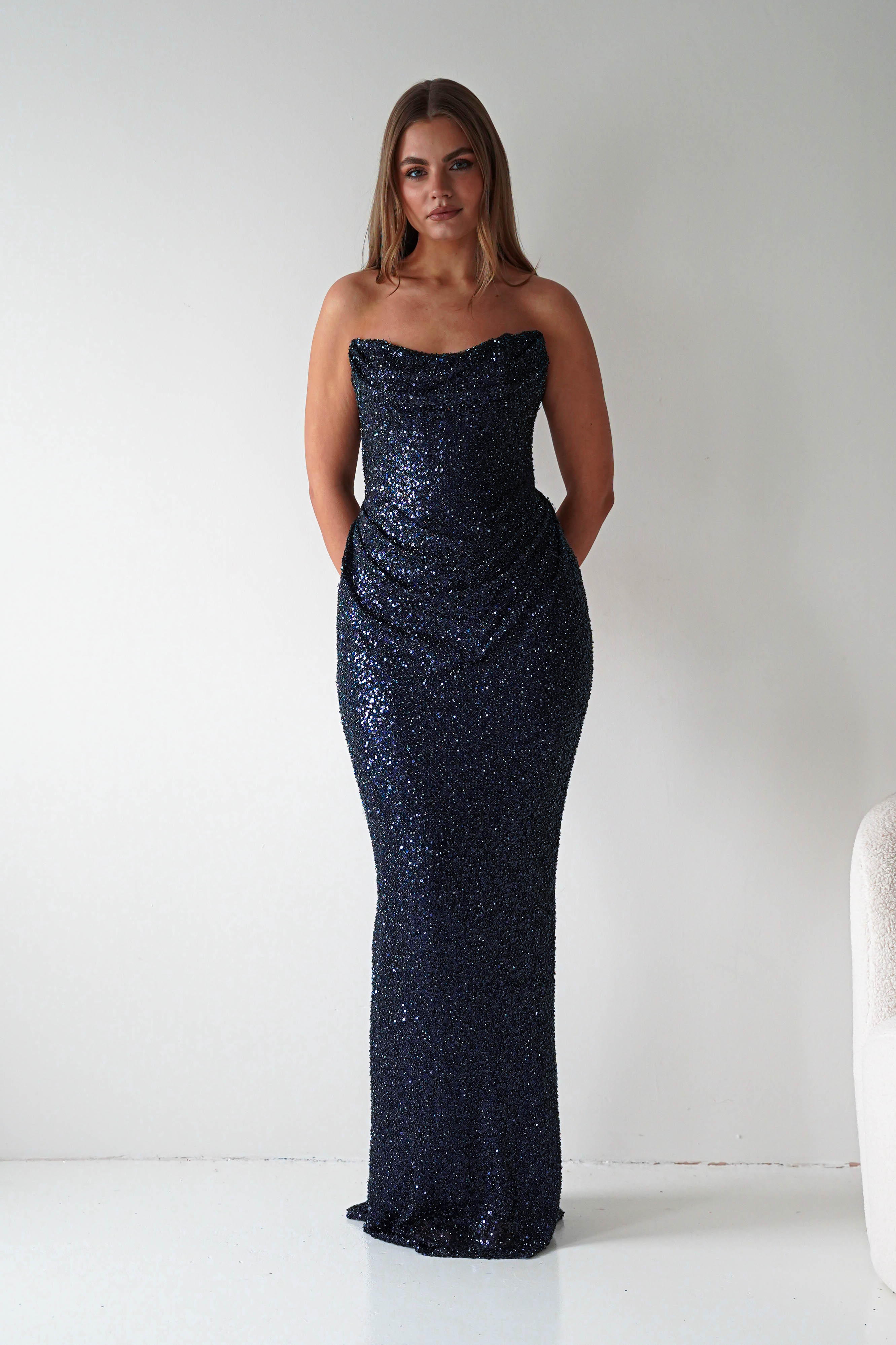 Oh Hello Clothing Dresses > Prom Dresses Sylvie Strapless Draped Embellished Gown | Navy